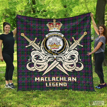 MacLachlan Hunting Tartan Quilt with Clan Crest and the Golden Sword of Courageous Legacy