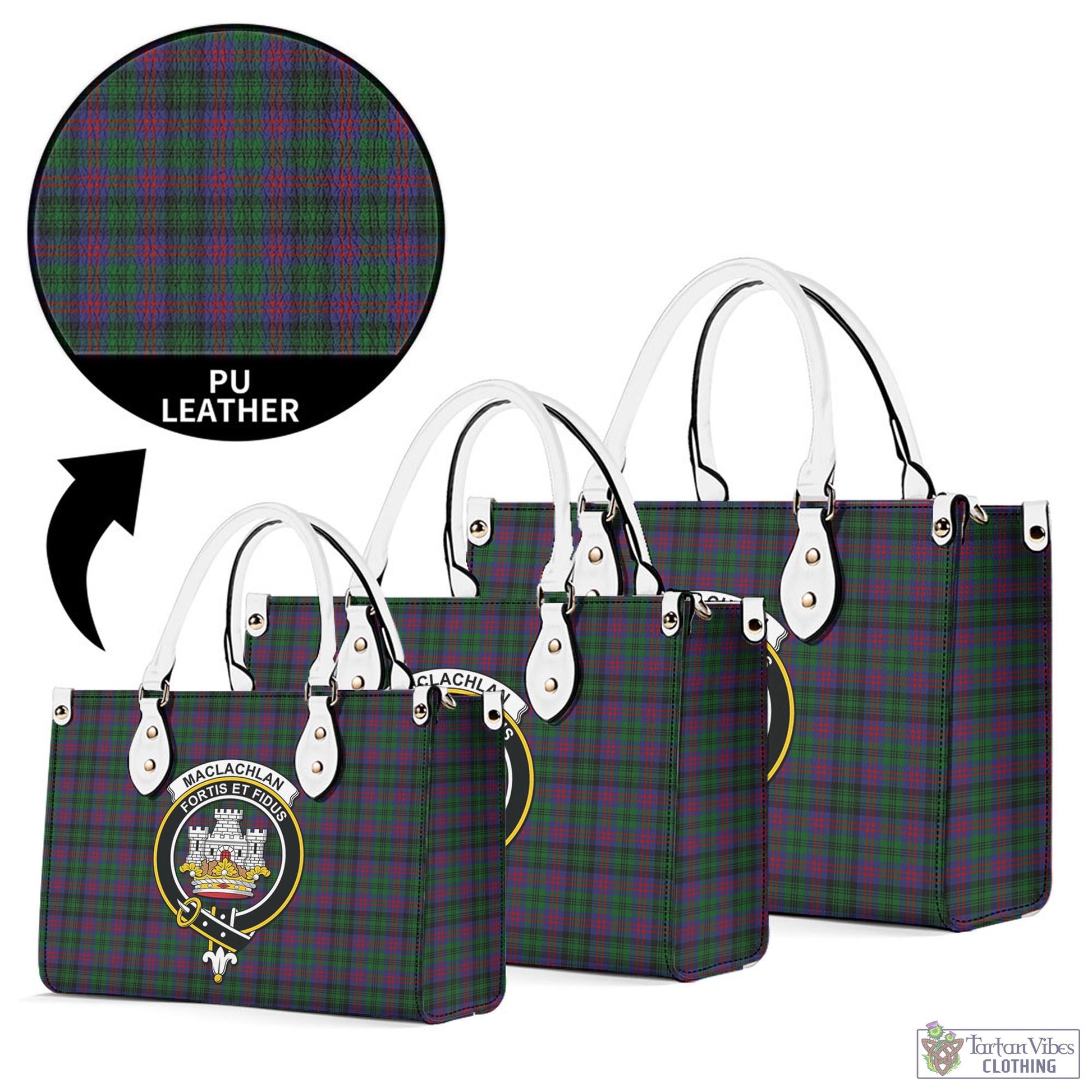 Tartan Vibes Clothing MacLachlan Hunting Tartan Luxury Leather Handbags with Family Crest