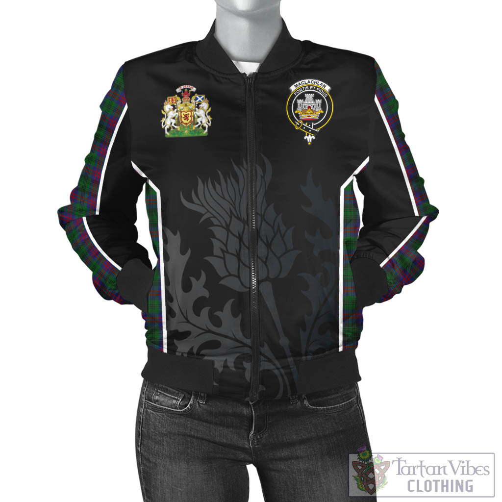 Tartan Vibes Clothing MacLachlan Hunting Tartan Bomber Jacket with Family Crest and Scottish Thistle Vibes Sport Style