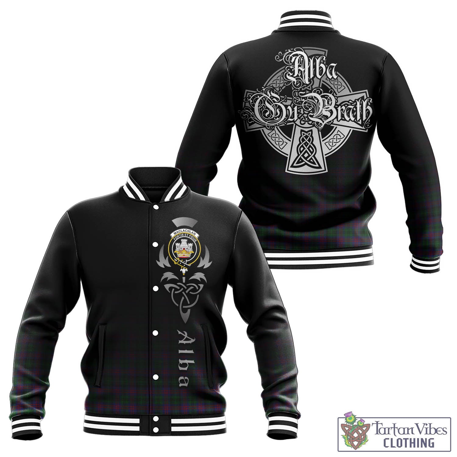 Tartan Vibes Clothing MacLachlan Hunting Tartan Baseball Jacket Featuring Alba Gu Brath Family Crest Celtic Inspired