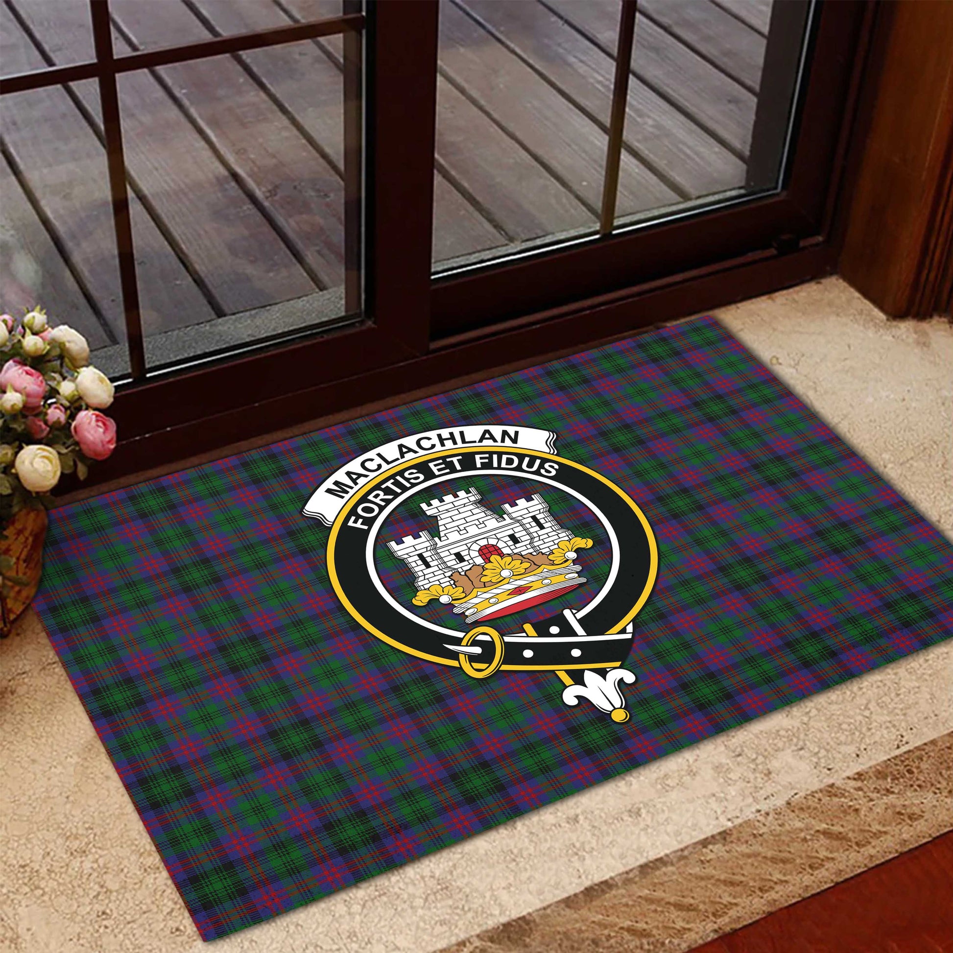 MacLachlan Hunting Tartan Door Mat with Family Crest - Tartanvibesclothing