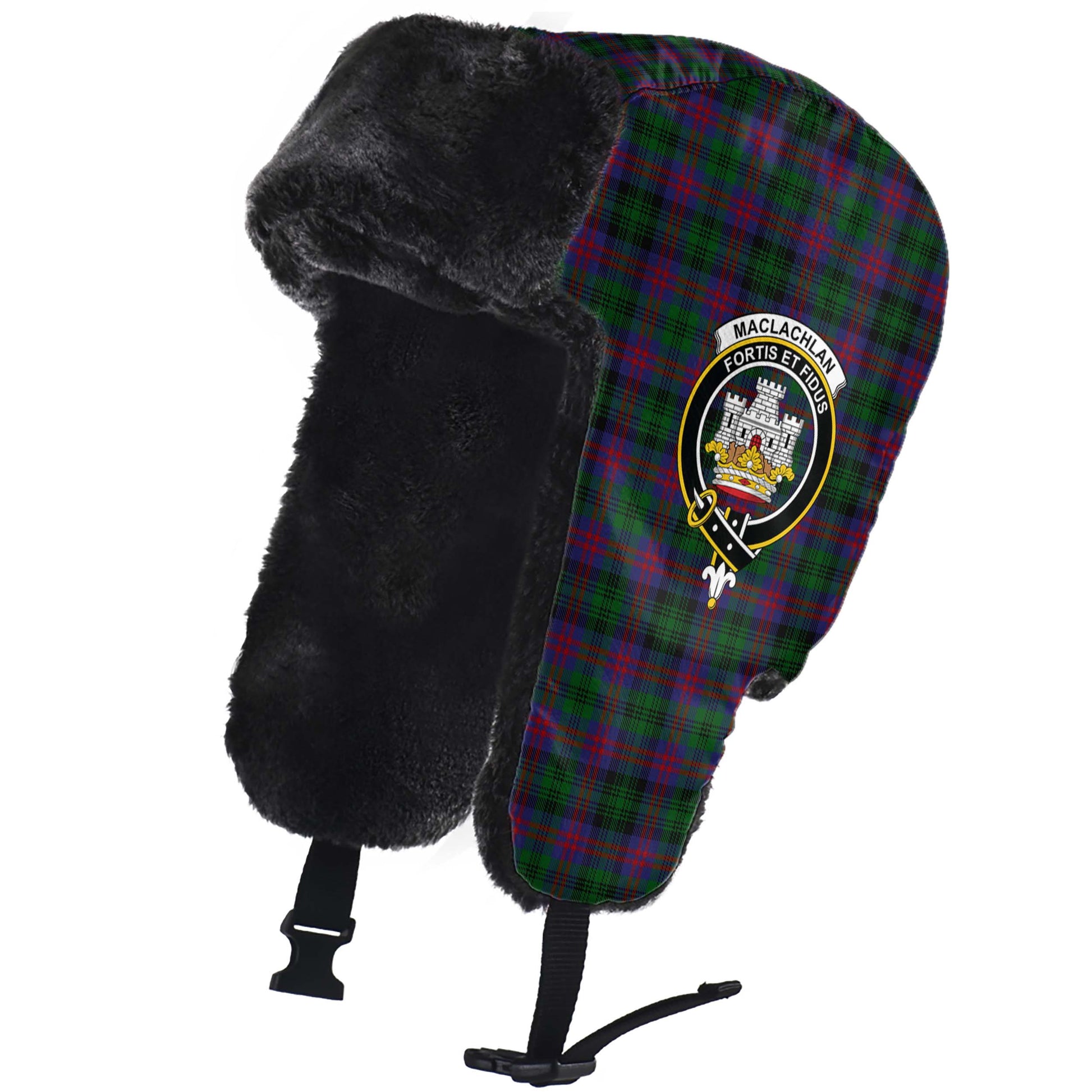 MacLachlan Hunting Tartan Winter Trapper Hat with Family Crest - Tartanvibesclothing