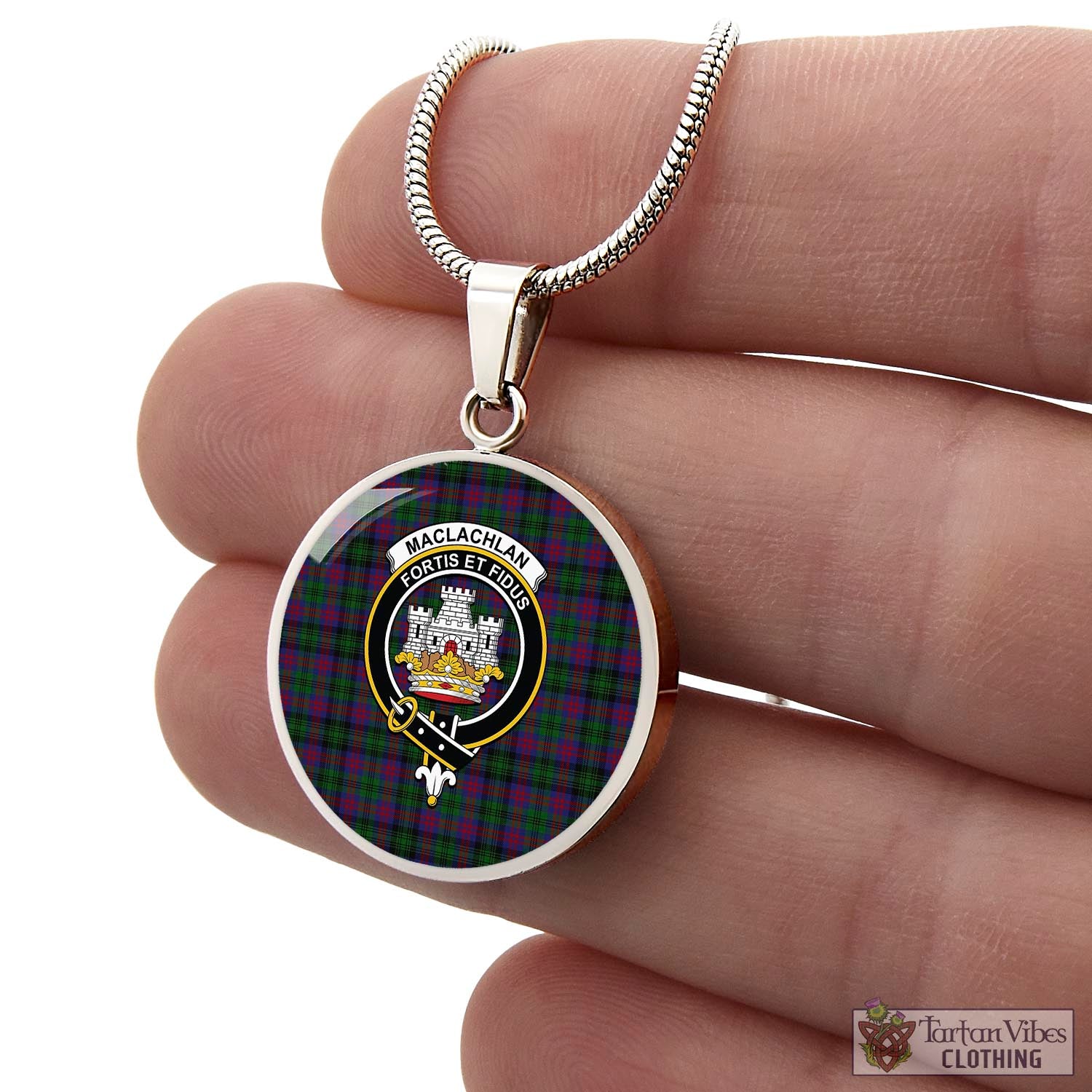 Tartan Vibes Clothing MacLachlan Hunting Tartan Circle Necklace with Family Crest