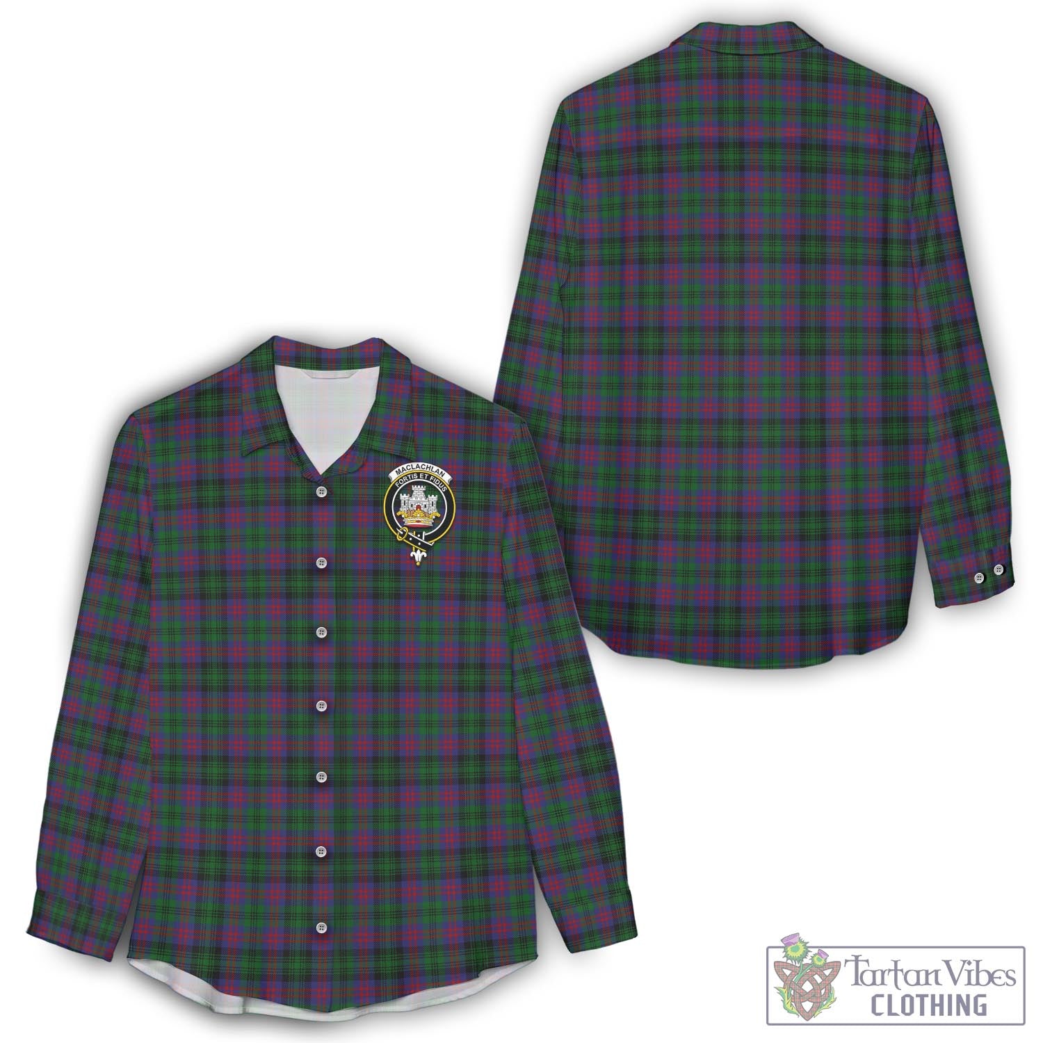 Tartan Vibes Clothing MacLachlan Hunting Tartan Womens Casual Shirt with Family Crest