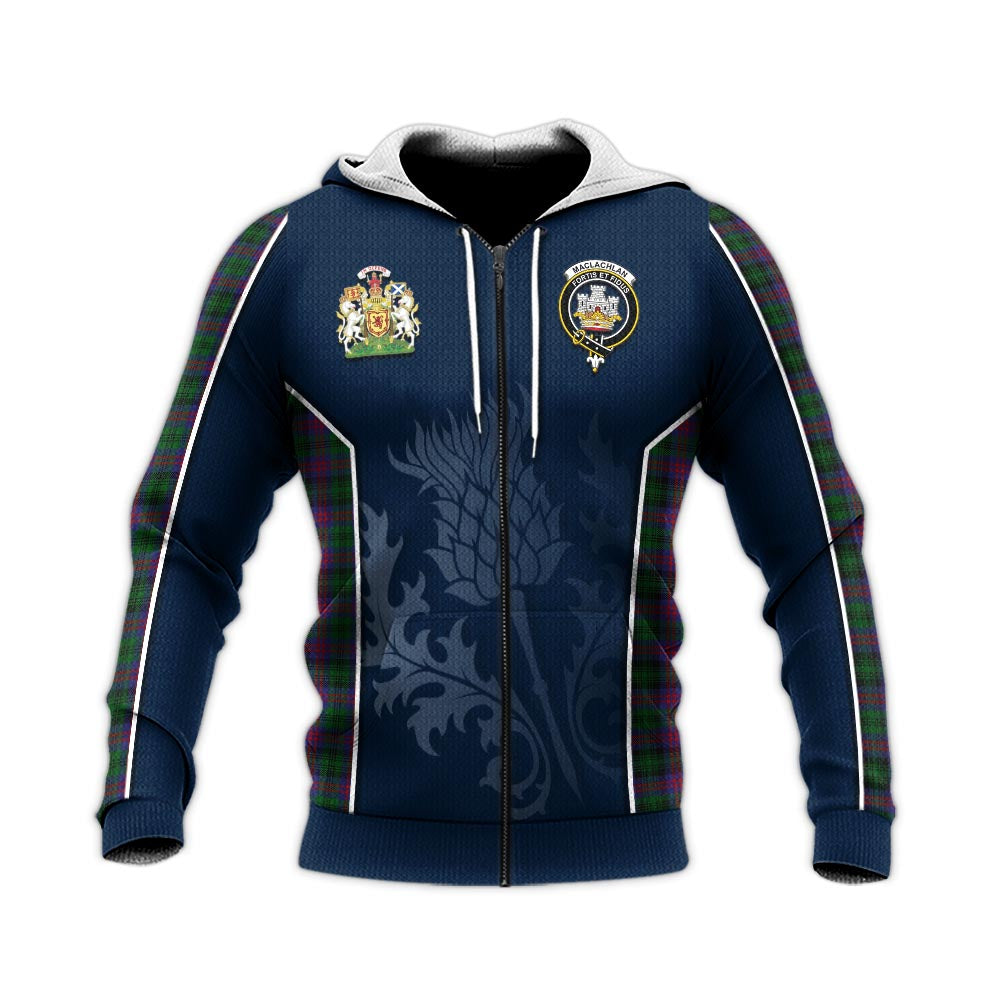 Tartan Vibes Clothing MacLachlan Hunting Tartan Knitted Hoodie with Family Crest and Scottish Thistle Vibes Sport Style