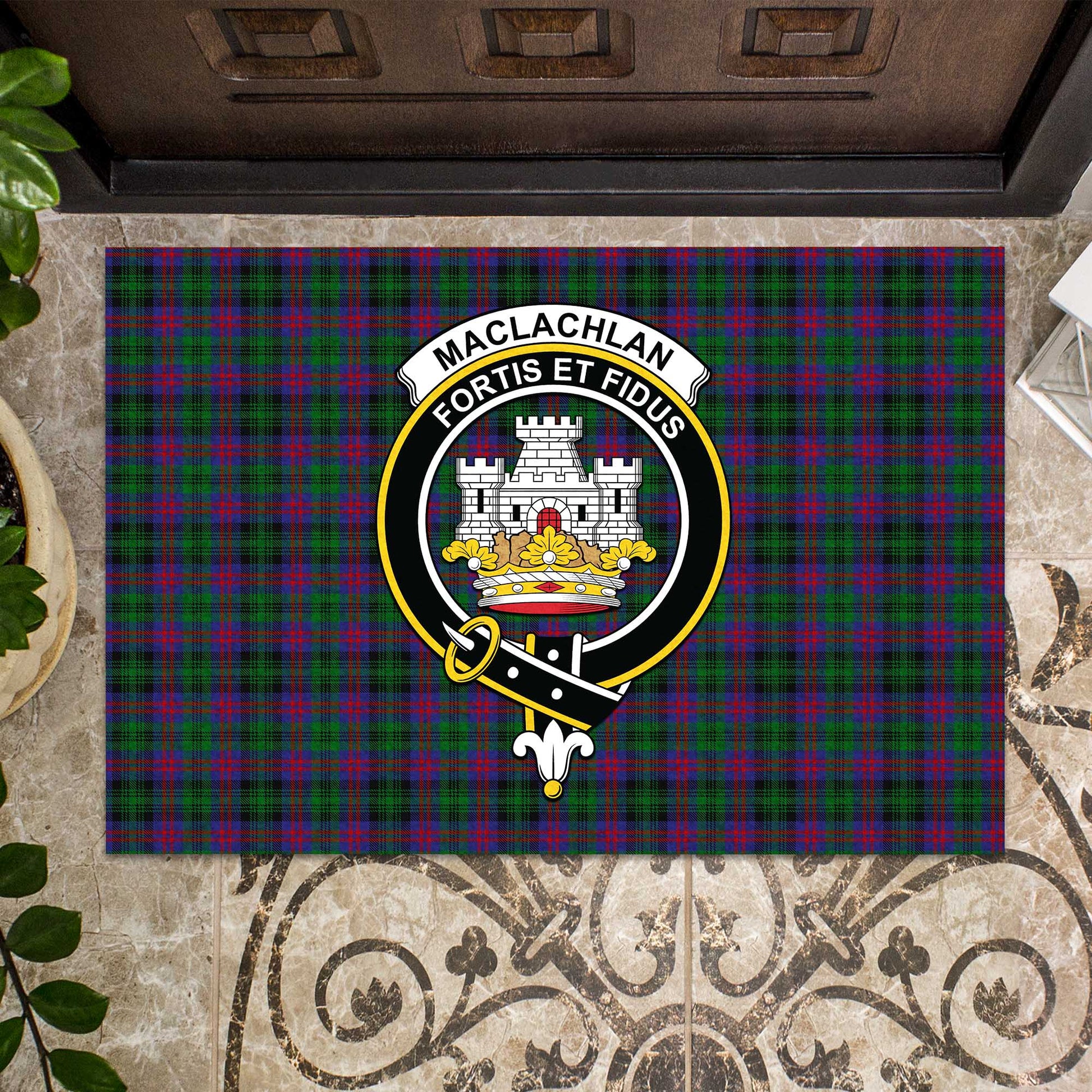 MacLachlan Hunting Tartan Door Mat with Family Crest - Tartanvibesclothing