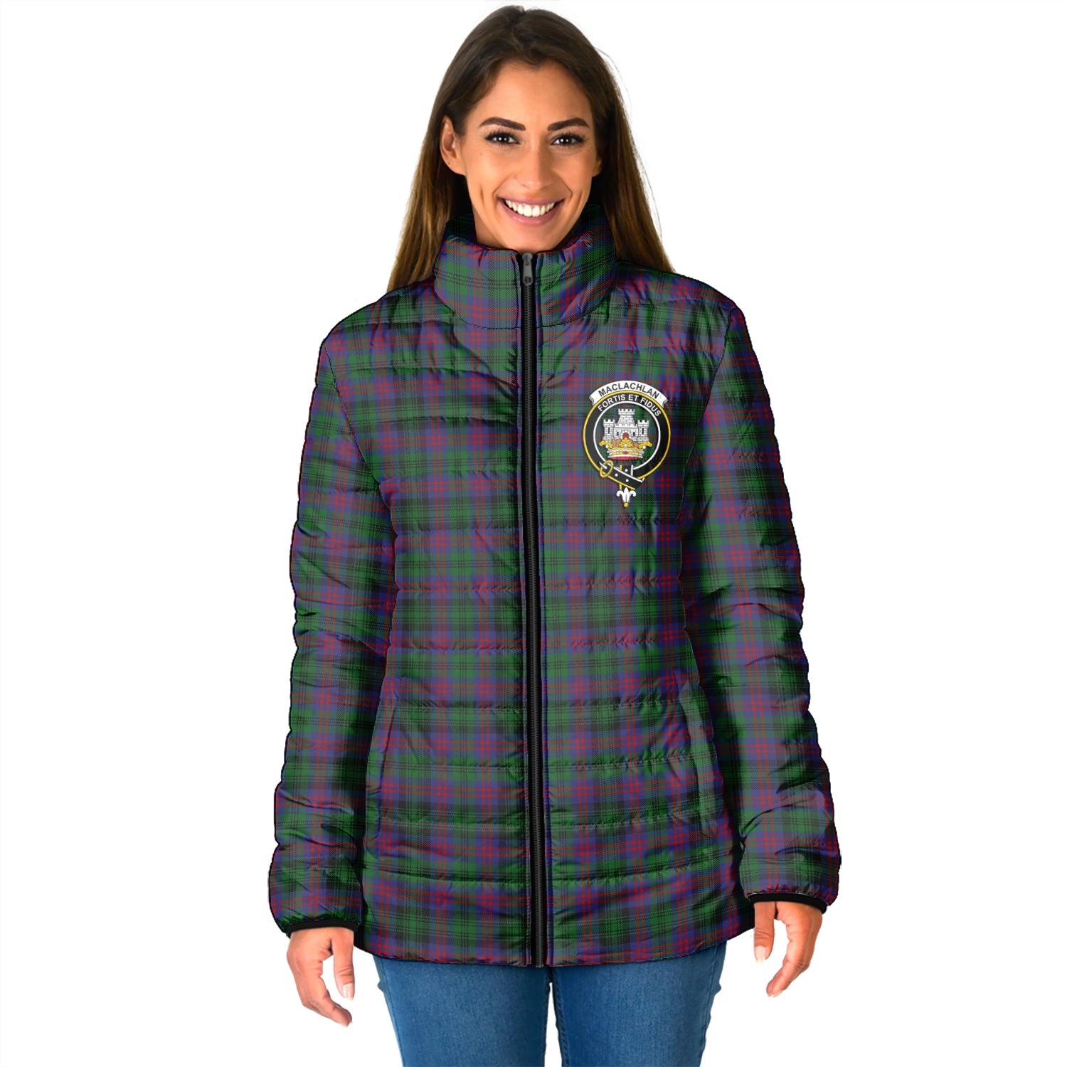 MacLachlan Hunting Tartan Padded Jacket with Family Crest - Tartanvibesclothing