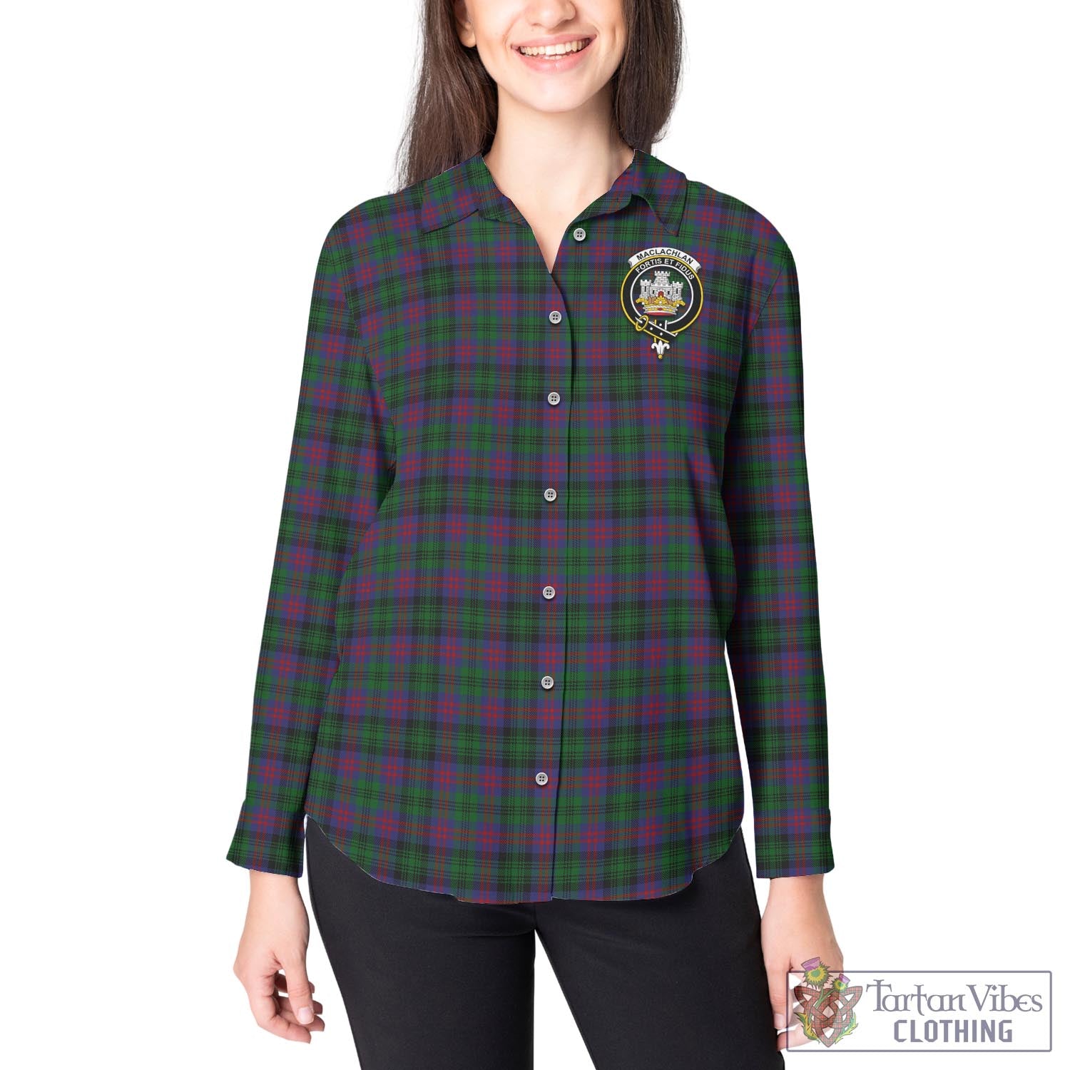 Tartan Vibes Clothing MacLachlan Hunting Tartan Womens Casual Shirt with Family Crest