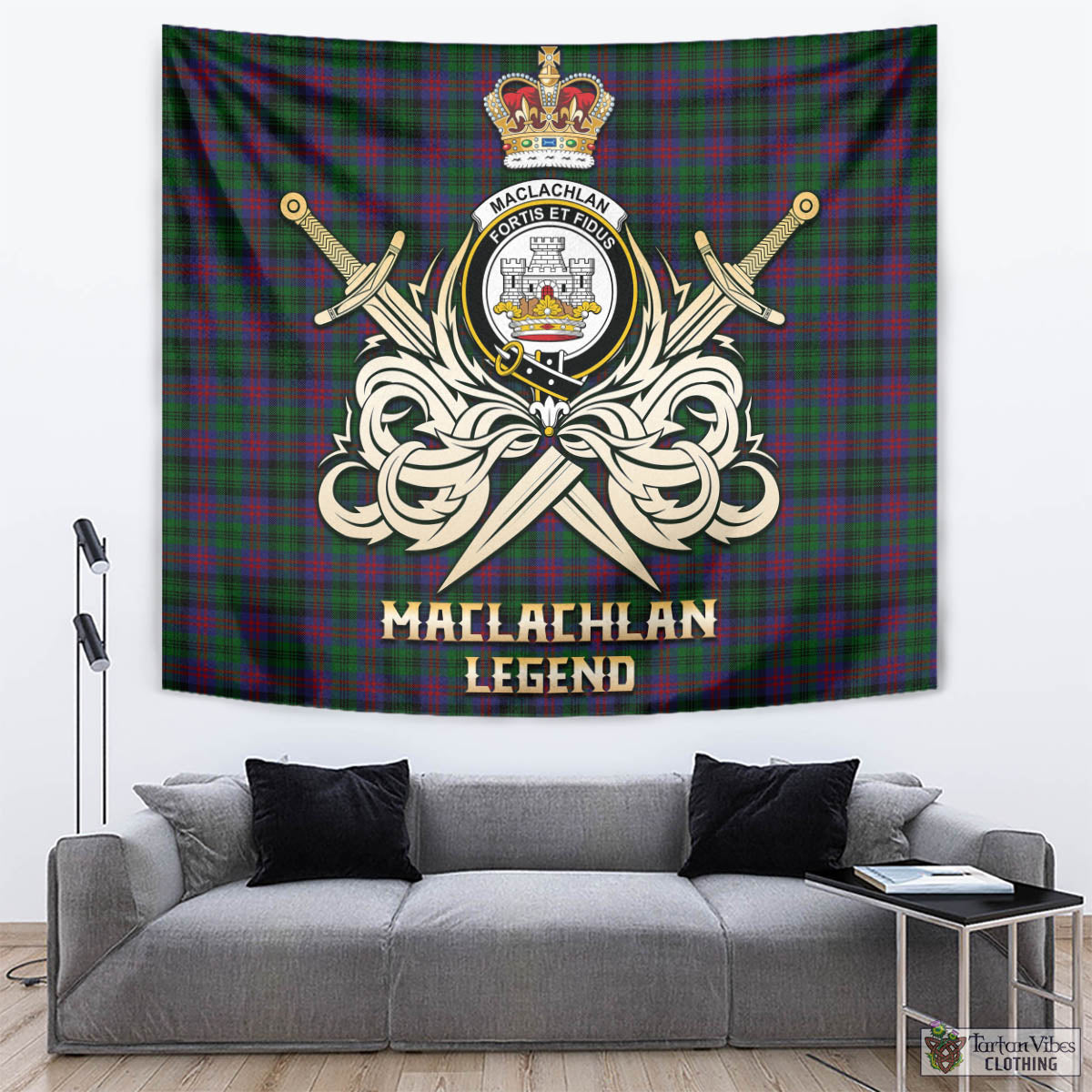 Tartan Vibes Clothing MacLachlan Hunting Tartan Tapestry with Clan Crest and the Golden Sword of Courageous Legacy