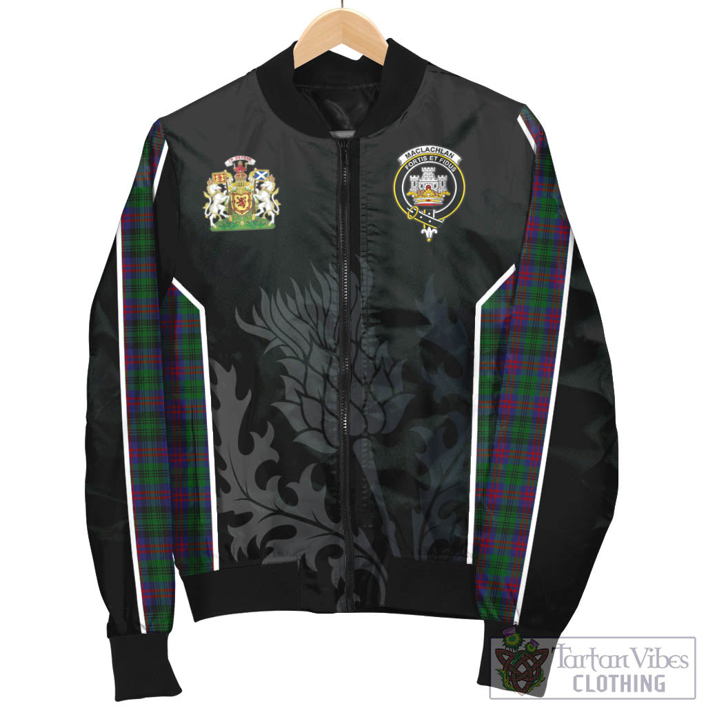 Tartan Vibes Clothing MacLachlan Hunting Tartan Bomber Jacket with Family Crest and Scottish Thistle Vibes Sport Style