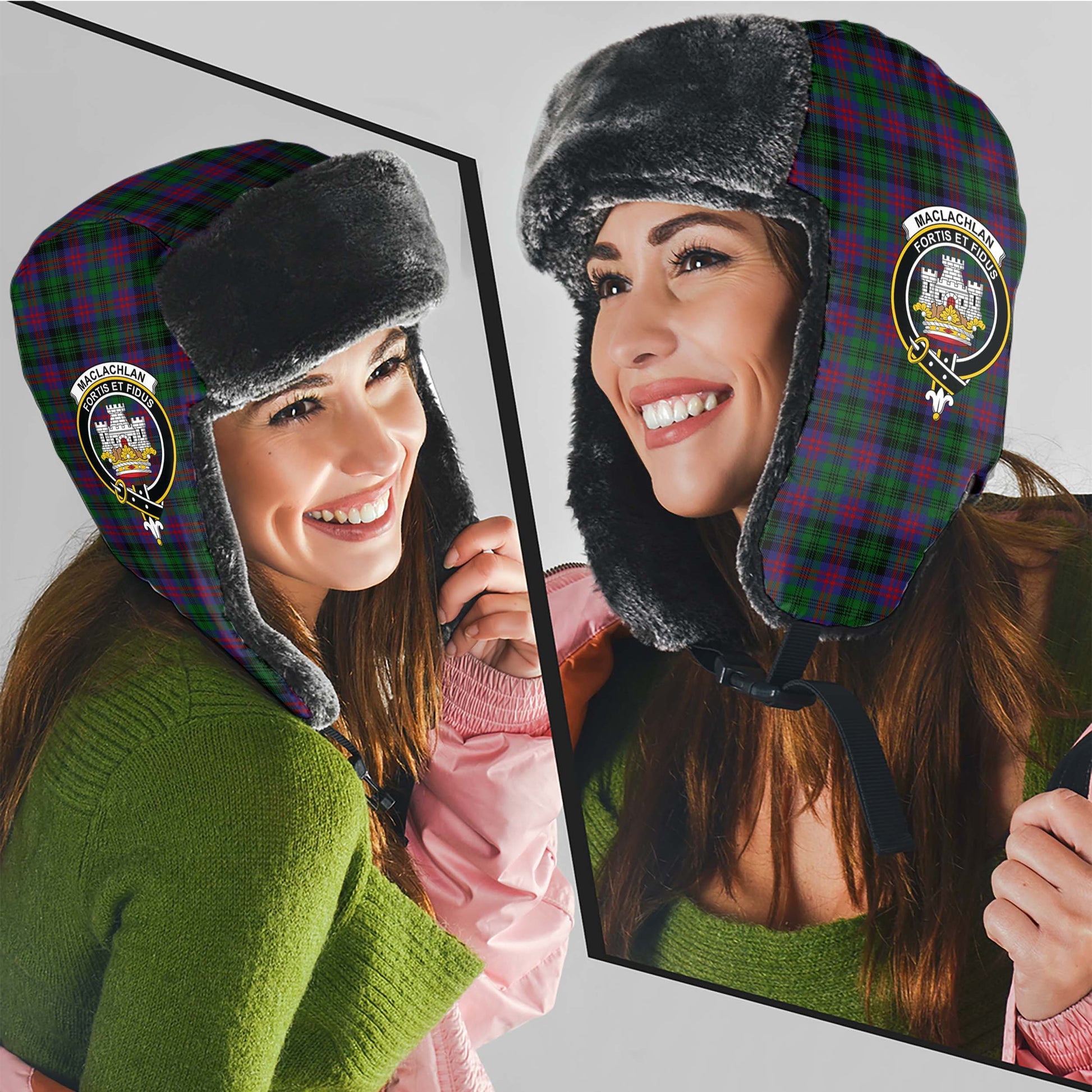 MacLachlan Hunting Tartan Winter Trapper Hat with Family Crest - Tartanvibesclothing