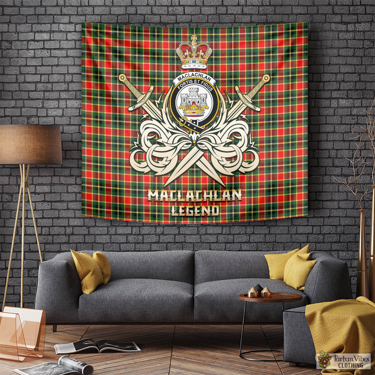 Tartan Vibes Clothing MacLachlan Hunting Modern Tartan Tapestry with Clan Crest and the Golden Sword of Courageous Legacy