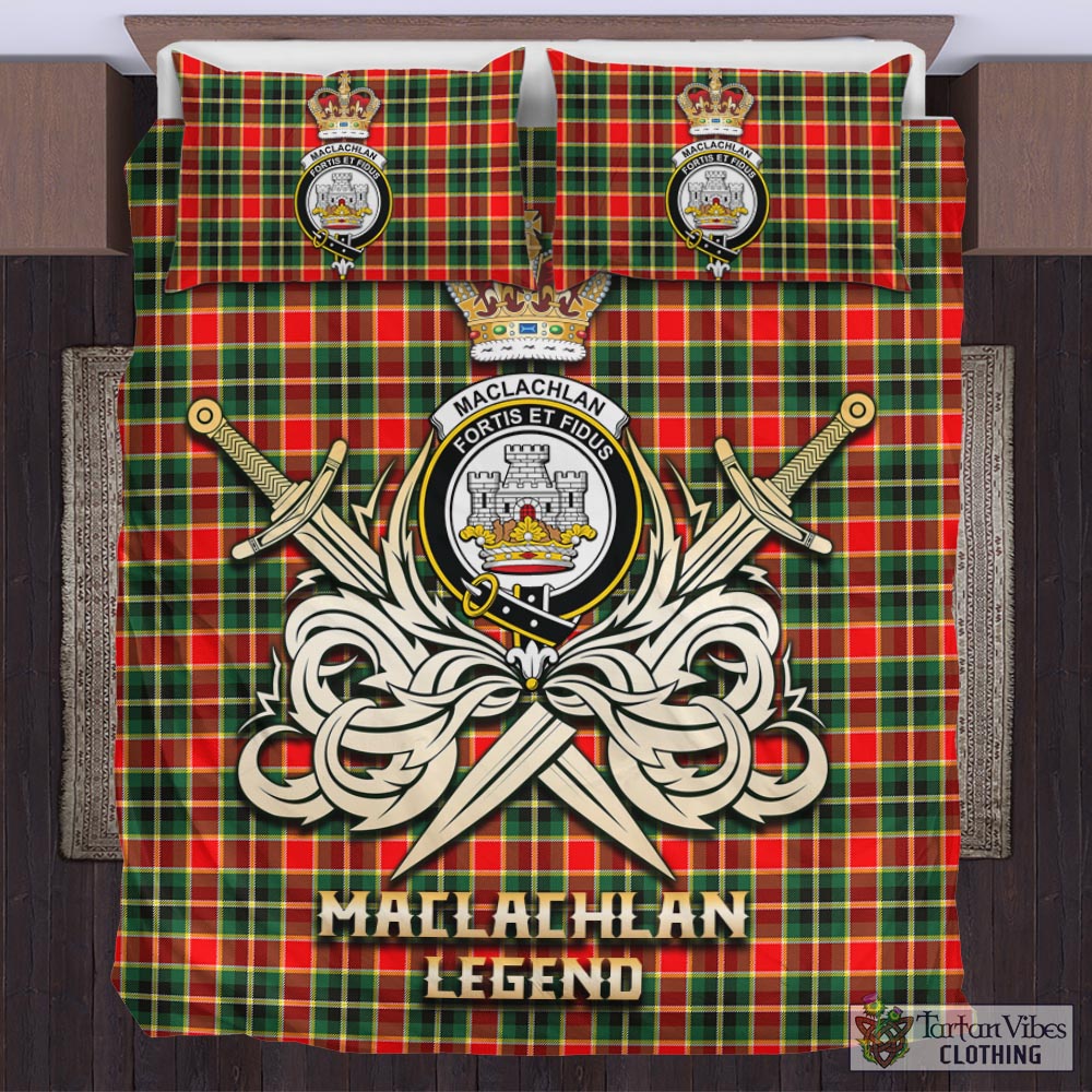 Tartan Vibes Clothing MacLachlan Hunting Modern Tartan Bedding Set with Clan Crest and the Golden Sword of Courageous Legacy