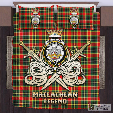 MacLachlan Hunting Modern Tartan Bedding Set with Clan Crest and the Golden Sword of Courageous Legacy