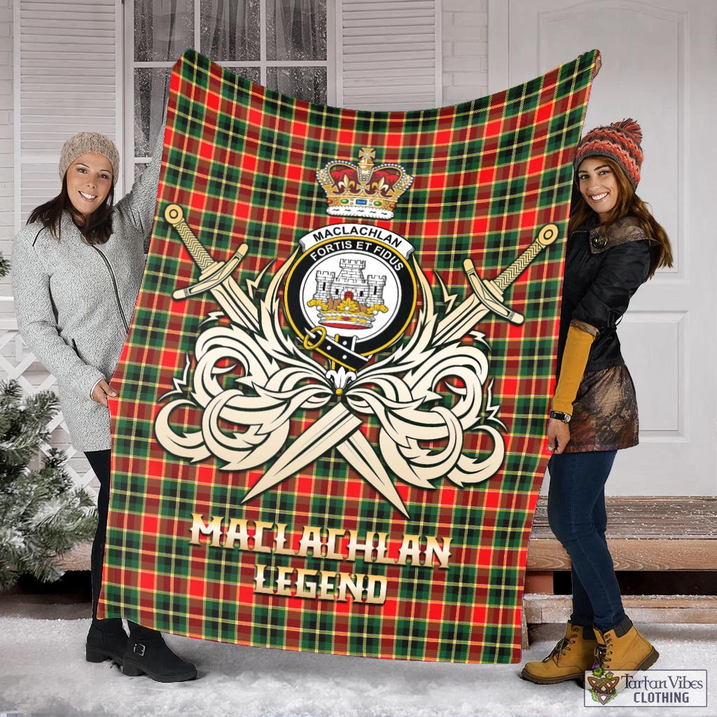 Tartan Vibes Clothing MacLachlan Hunting Modern Tartan Blanket with Clan Crest and the Golden Sword of Courageous Legacy