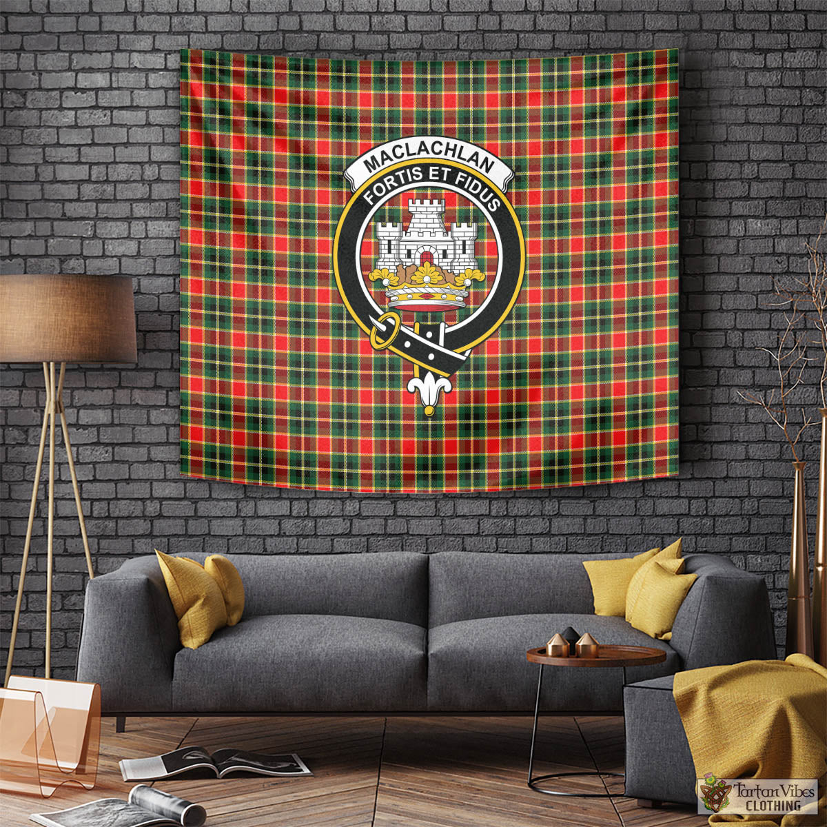 Tartan Vibes Clothing MacLachlan Hunting Modern Tartan Tapestry Wall Hanging and Home Decor for Room with Family Crest