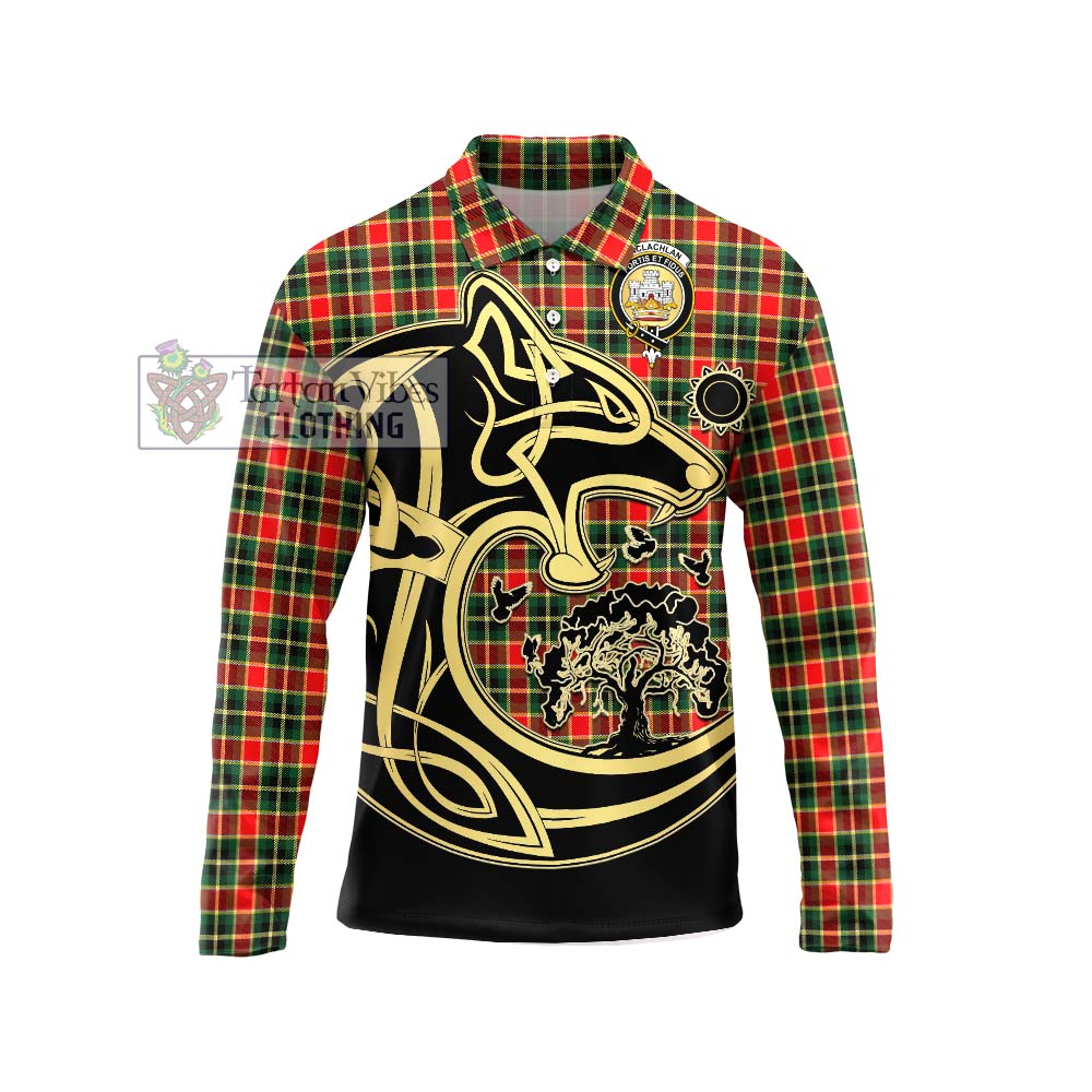 MacLachlan Hunting Modern Tartan Long Sleeve Polo Shirt with Family Crest Celtic Wolf Style Unisex - Tartanvibesclothing Shop