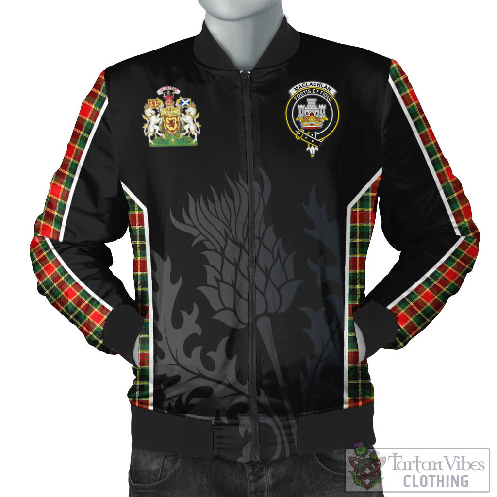 Tartan Vibes Clothing MacLachlan Hunting Modern Tartan Bomber Jacket with Family Crest and Scottish Thistle Vibes Sport Style