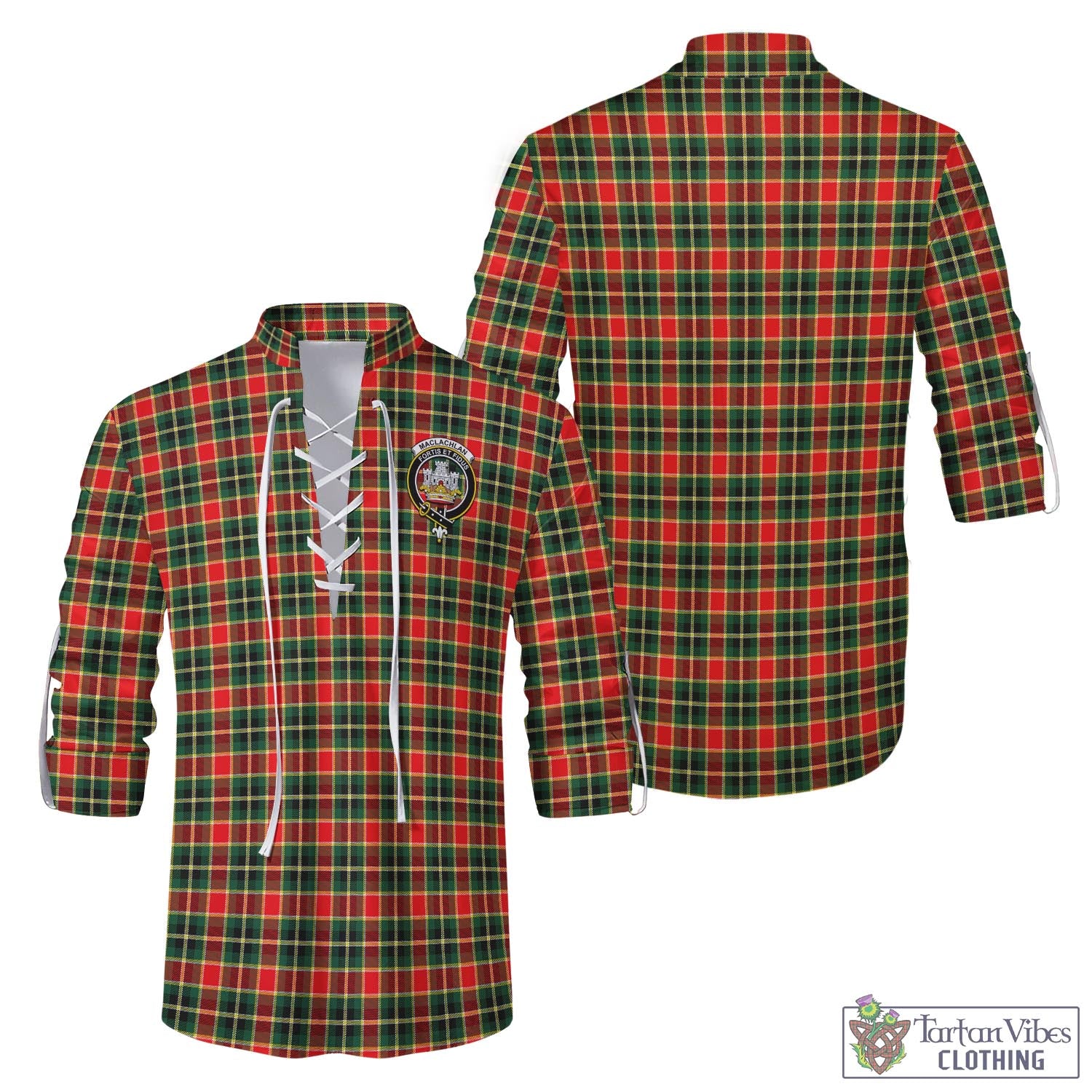 Tartan Vibes Clothing MacLachlan Hunting Modern Tartan Men's Scottish Traditional Jacobite Ghillie Kilt Shirt with Family Crest