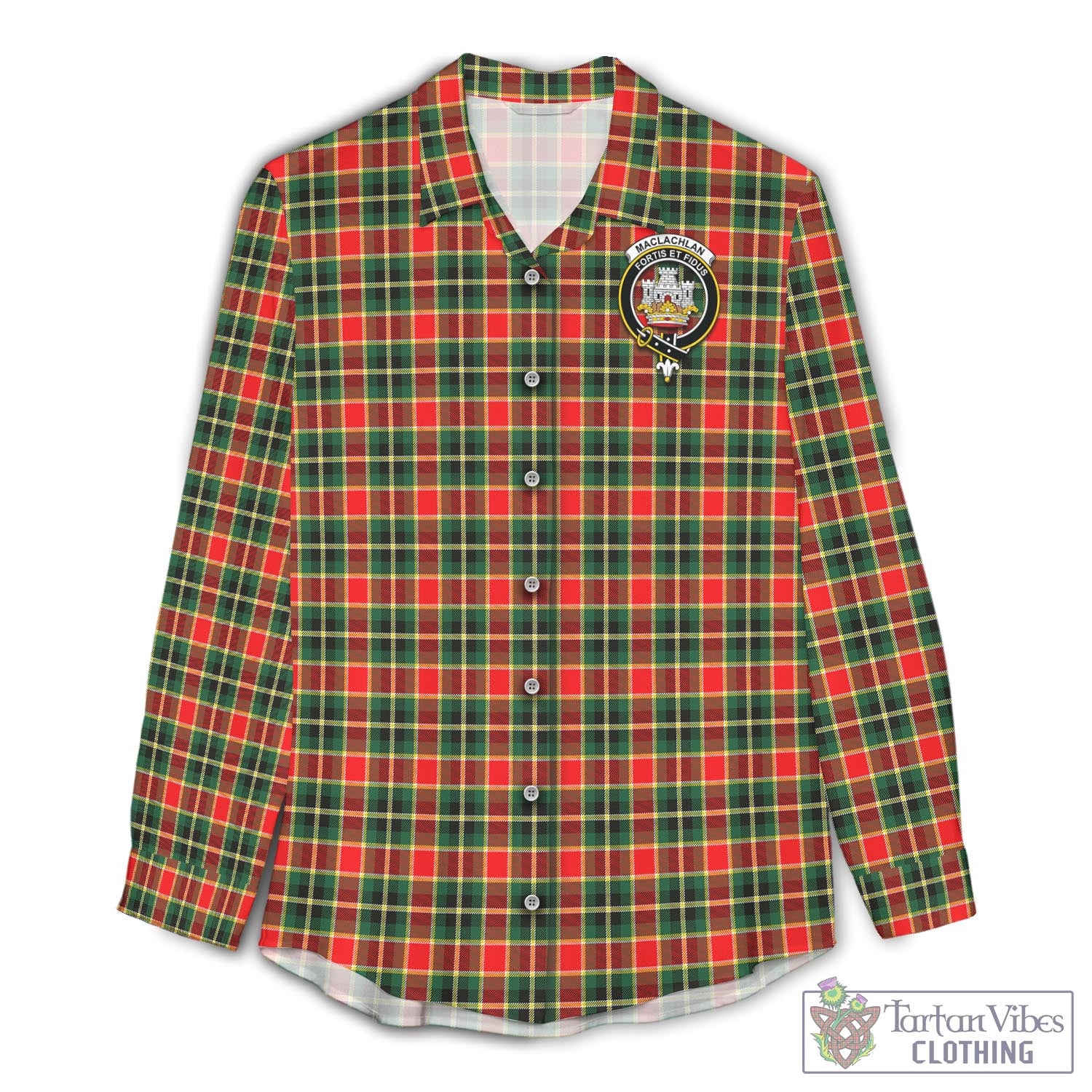 Tartan Vibes Clothing MacLachlan Hunting Modern Tartan Womens Casual Shirt with Family Crest