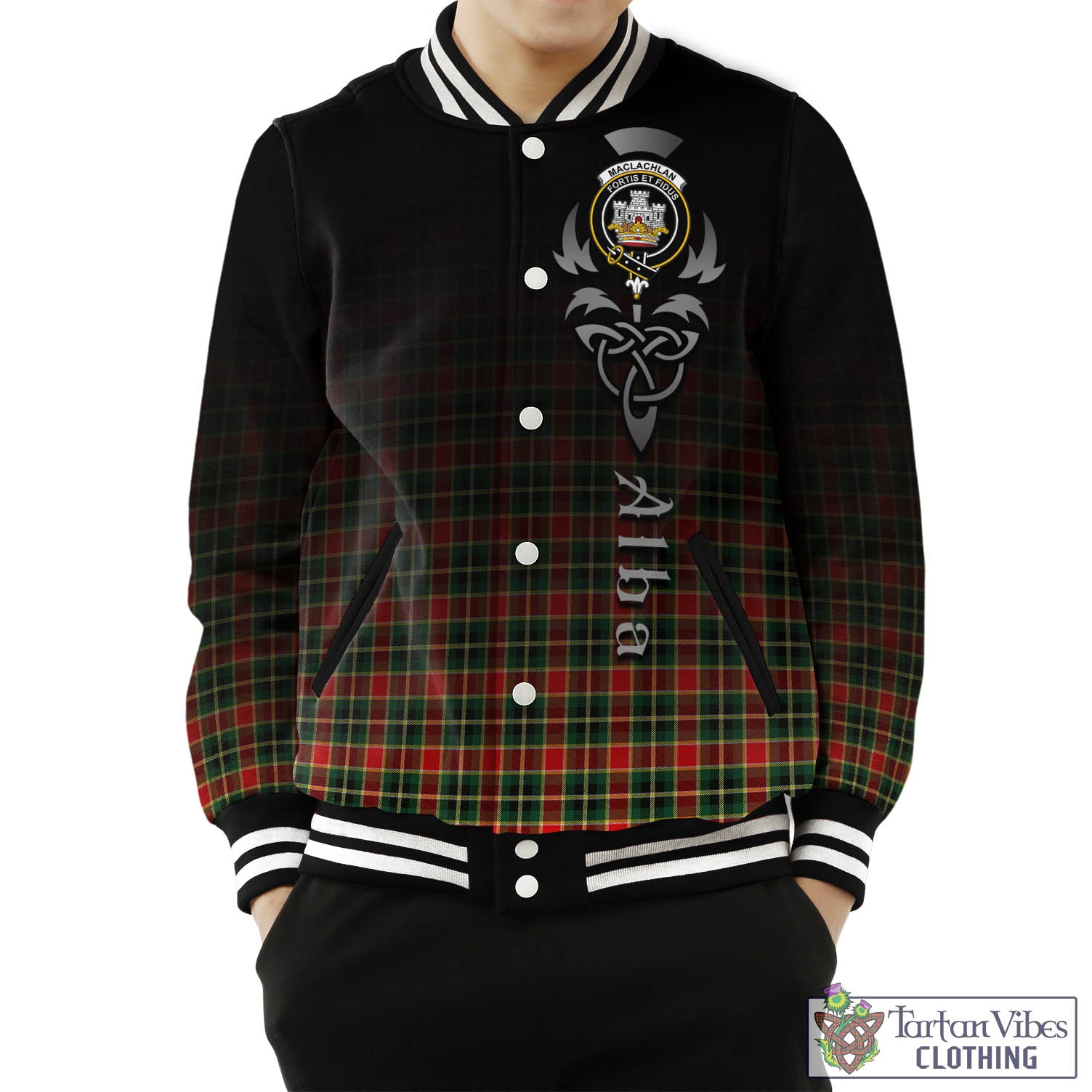 Tartan Vibes Clothing MacLachlan Hunting Modern Tartan Baseball Jacket Featuring Alba Gu Brath Family Crest Celtic Inspired