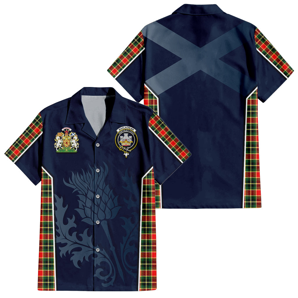 Tartan Vibes Clothing MacLachlan Hunting Modern Tartan Short Sleeve Button Up Shirt with Family Crest and Scottish Thistle Vibes Sport Style