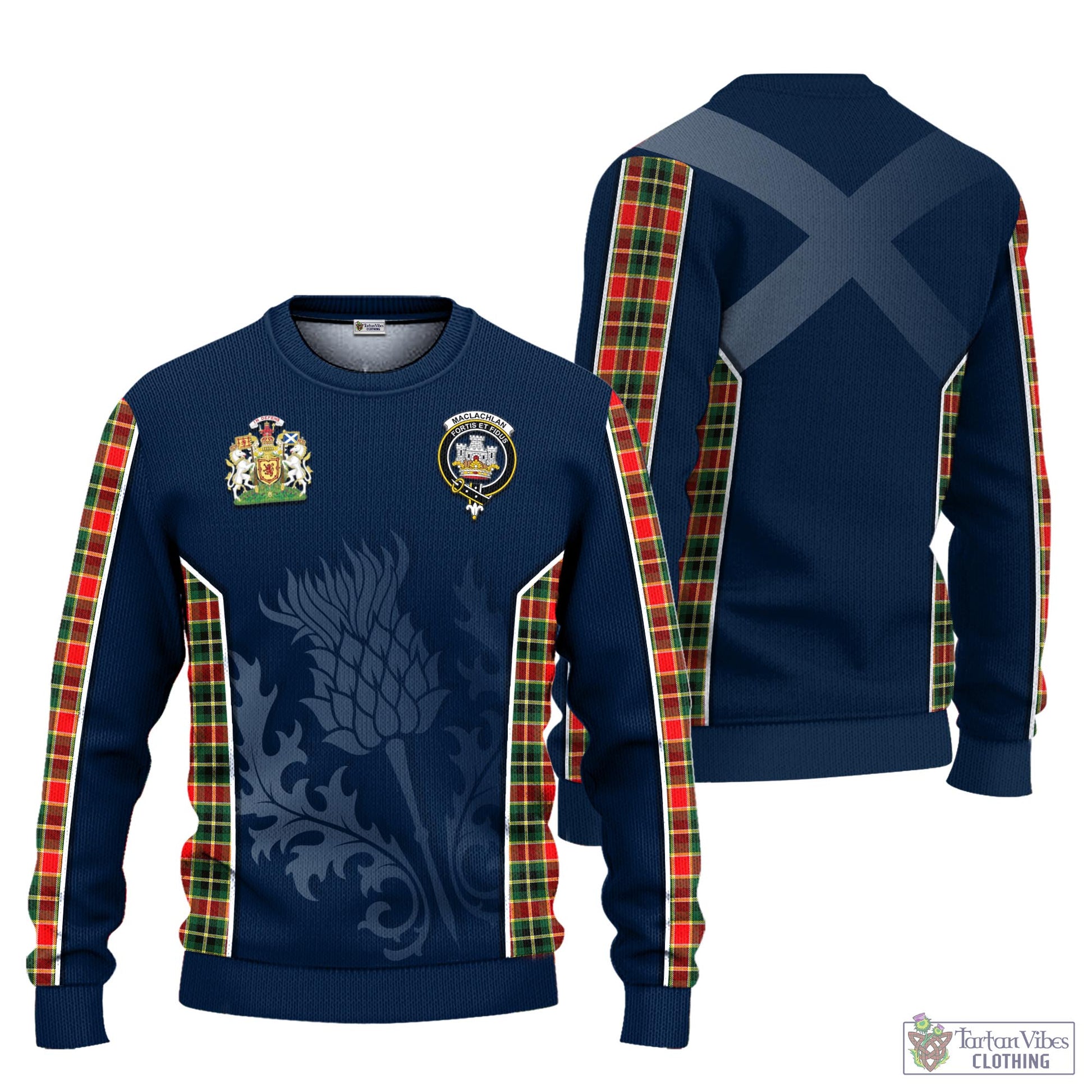 Tartan Vibes Clothing MacLachlan Hunting Modern Tartan Knitted Sweatshirt with Family Crest and Scottish Thistle Vibes Sport Style