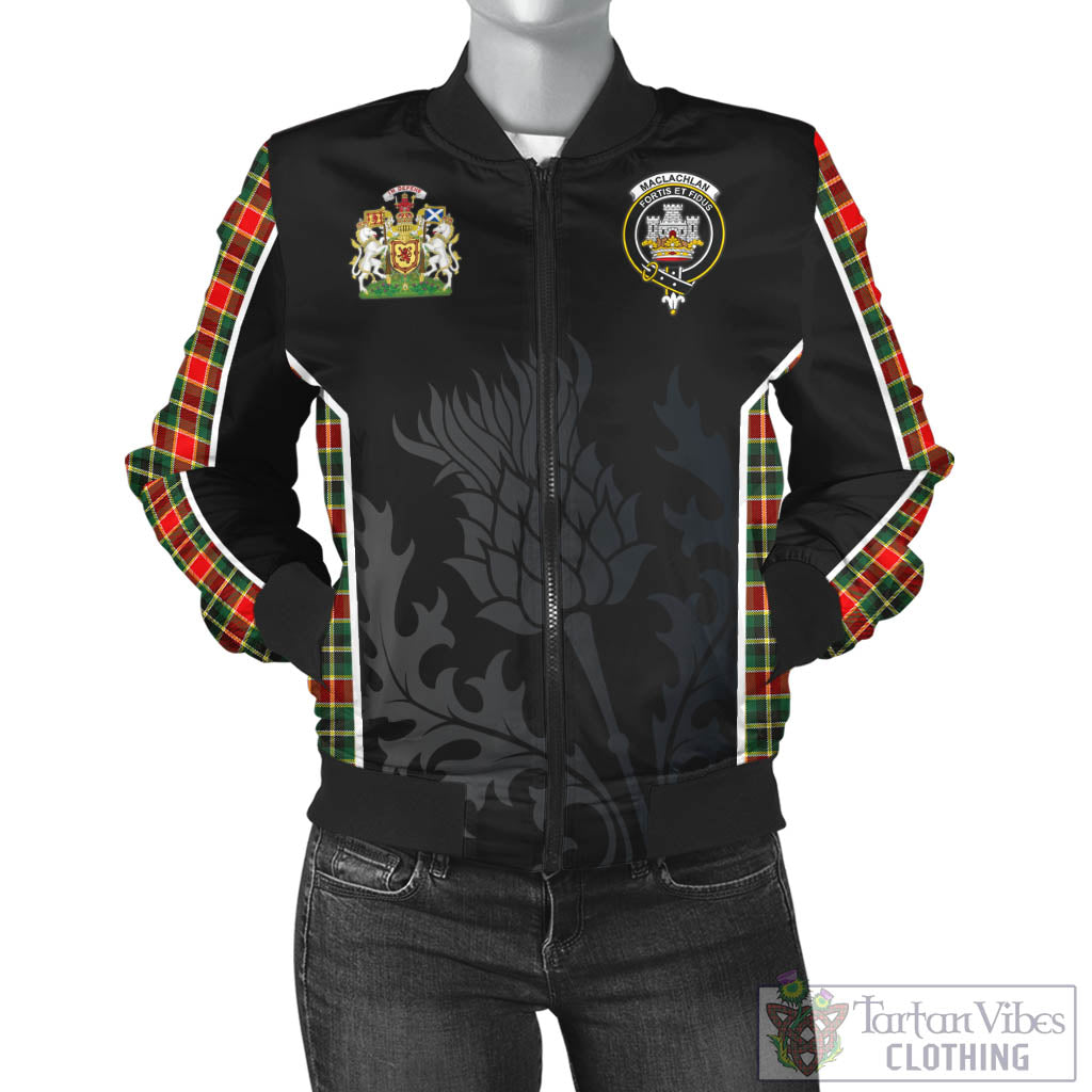 Tartan Vibes Clothing MacLachlan Hunting Modern Tartan Bomber Jacket with Family Crest and Scottish Thistle Vibes Sport Style