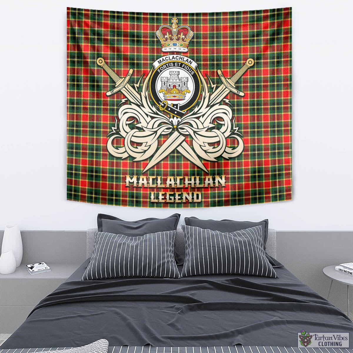 Tartan Vibes Clothing MacLachlan Hunting Modern Tartan Tapestry with Clan Crest and the Golden Sword of Courageous Legacy