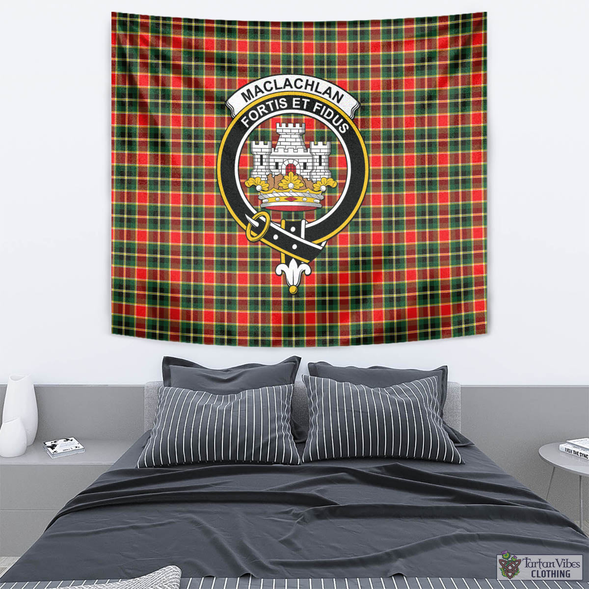 Tartan Vibes Clothing MacLachlan Hunting Modern Tartan Tapestry Wall Hanging and Home Decor for Room with Family Crest