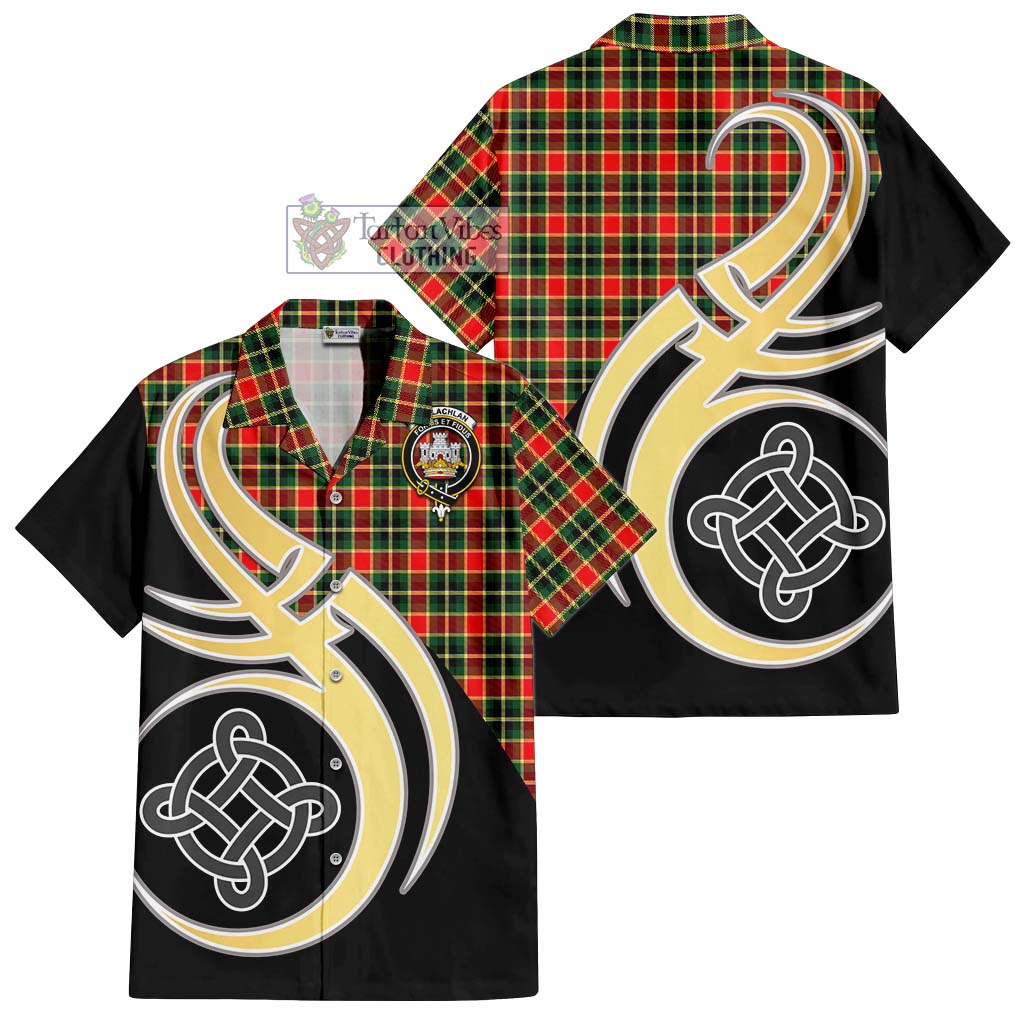 MacLachlan Hunting Modern Tartan Short Sleeve Button Shirt with Family Crest and Celtic Symbol Style - Tartan Vibes Clothing