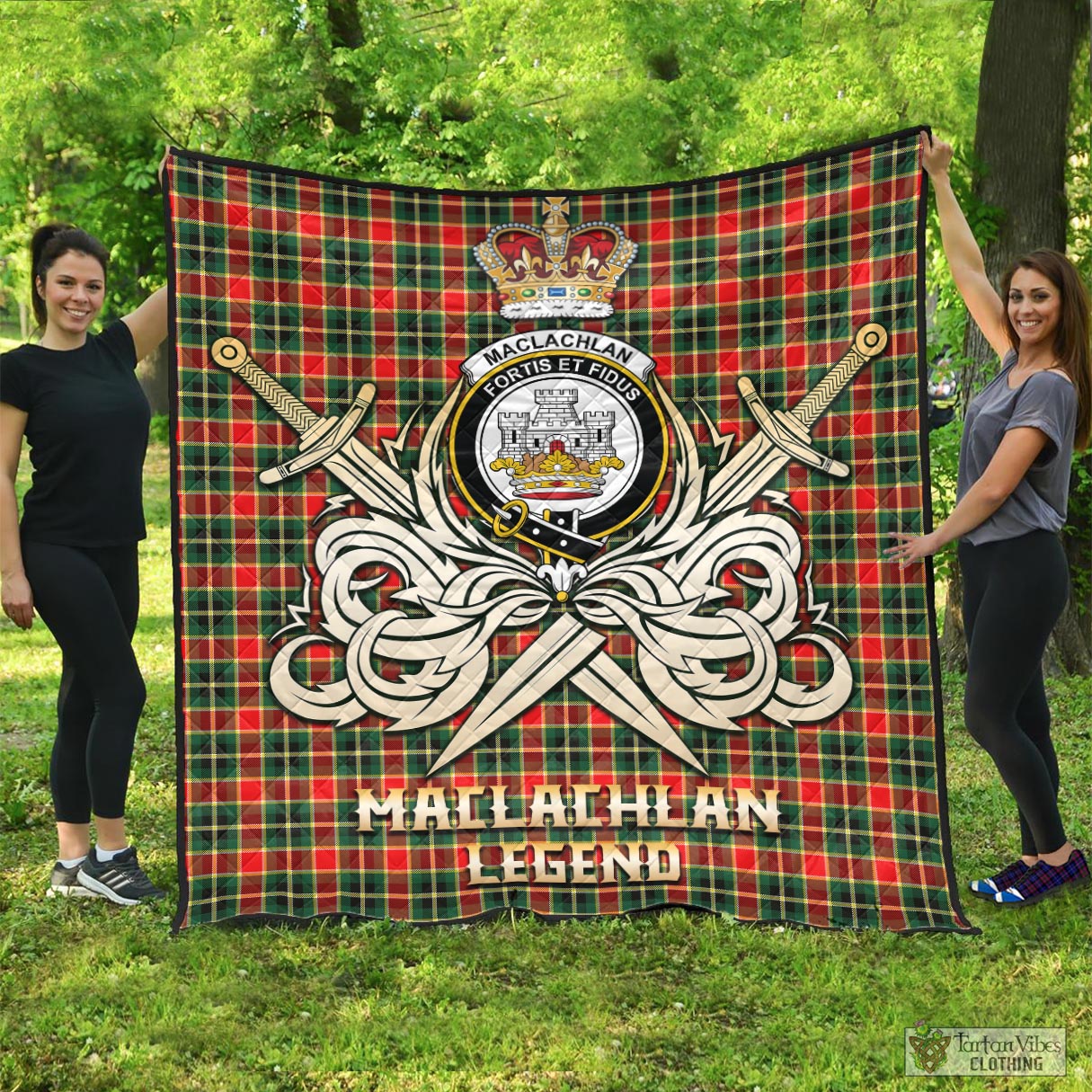 Tartan Vibes Clothing MacLachlan Hunting Modern Tartan Quilt with Clan Crest and the Golden Sword of Courageous Legacy