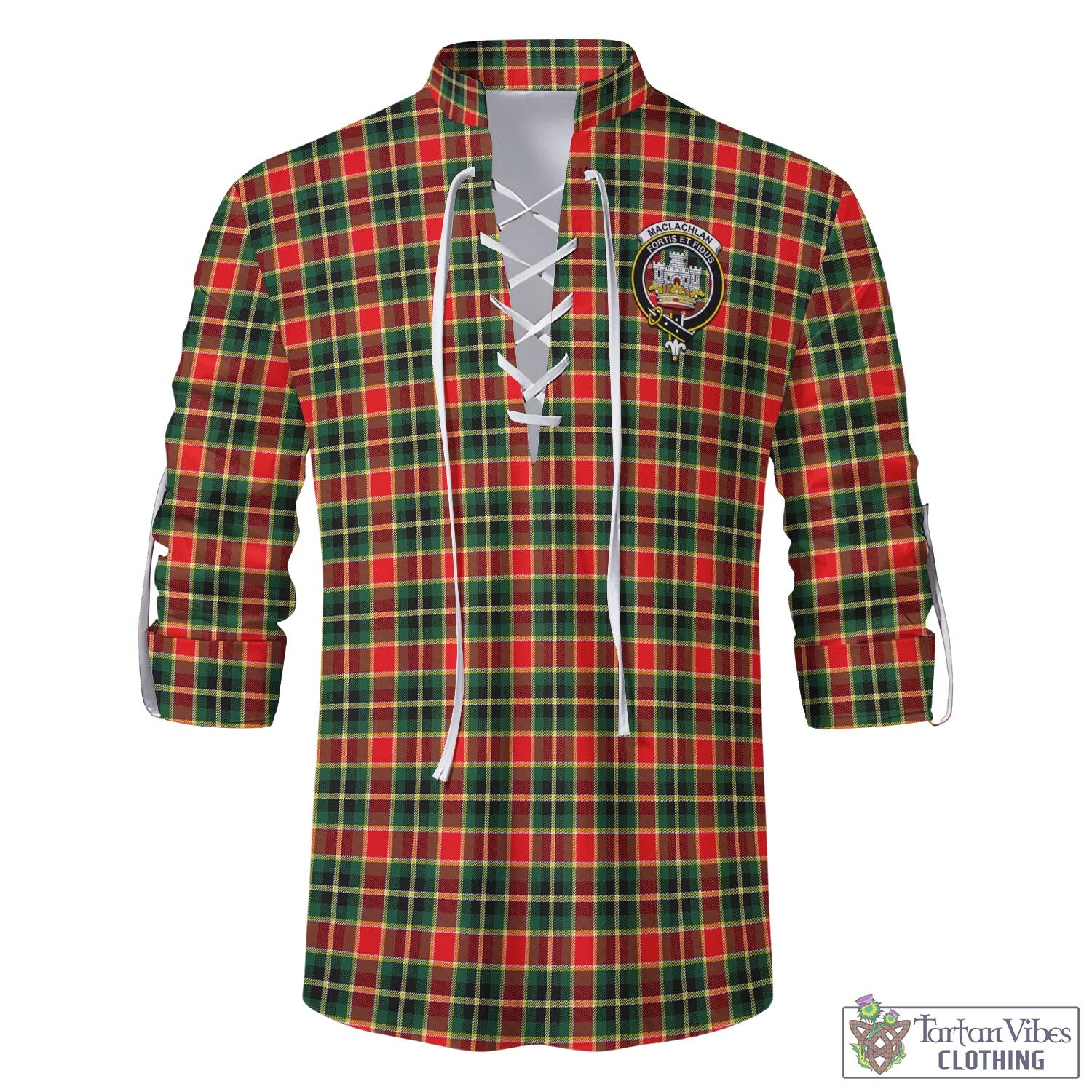 Tartan Vibes Clothing MacLachlan Hunting Modern Tartan Men's Scottish Traditional Jacobite Ghillie Kilt Shirt with Family Crest