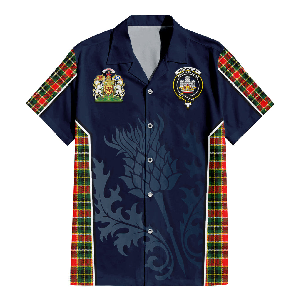 Tartan Vibes Clothing MacLachlan Hunting Modern Tartan Short Sleeve Button Up Shirt with Family Crest and Scottish Thistle Vibes Sport Style