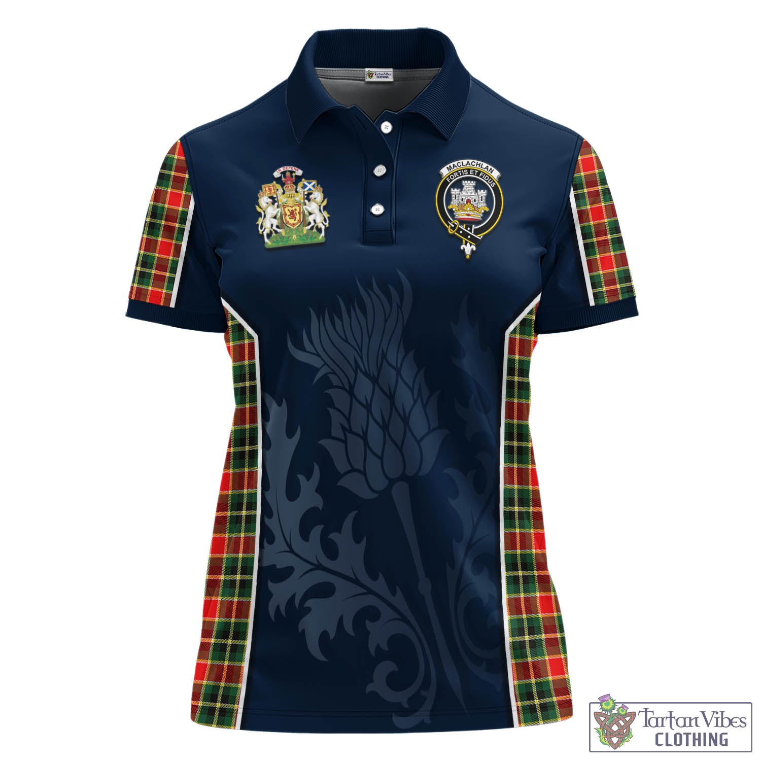 Tartan Vibes Clothing MacLachlan Hunting Modern Tartan Women's Polo Shirt with Family Crest and Scottish Thistle Vibes Sport Style