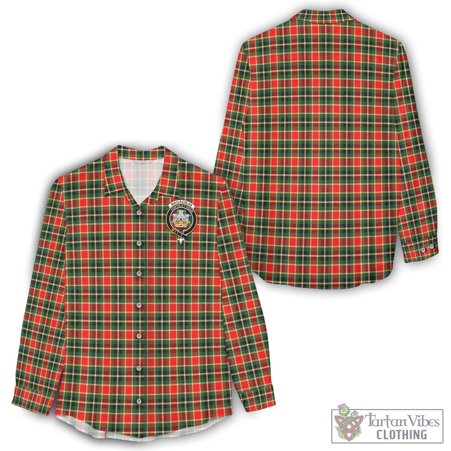 Tartan Vibes Clothing MacLachlan Hunting Modern Tartan Womens Casual Shirt with Family Crest