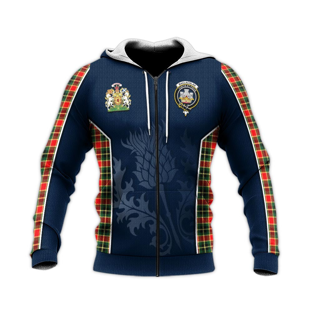 Tartan Vibes Clothing MacLachlan Hunting Modern Tartan Knitted Hoodie with Family Crest and Scottish Thistle Vibes Sport Style