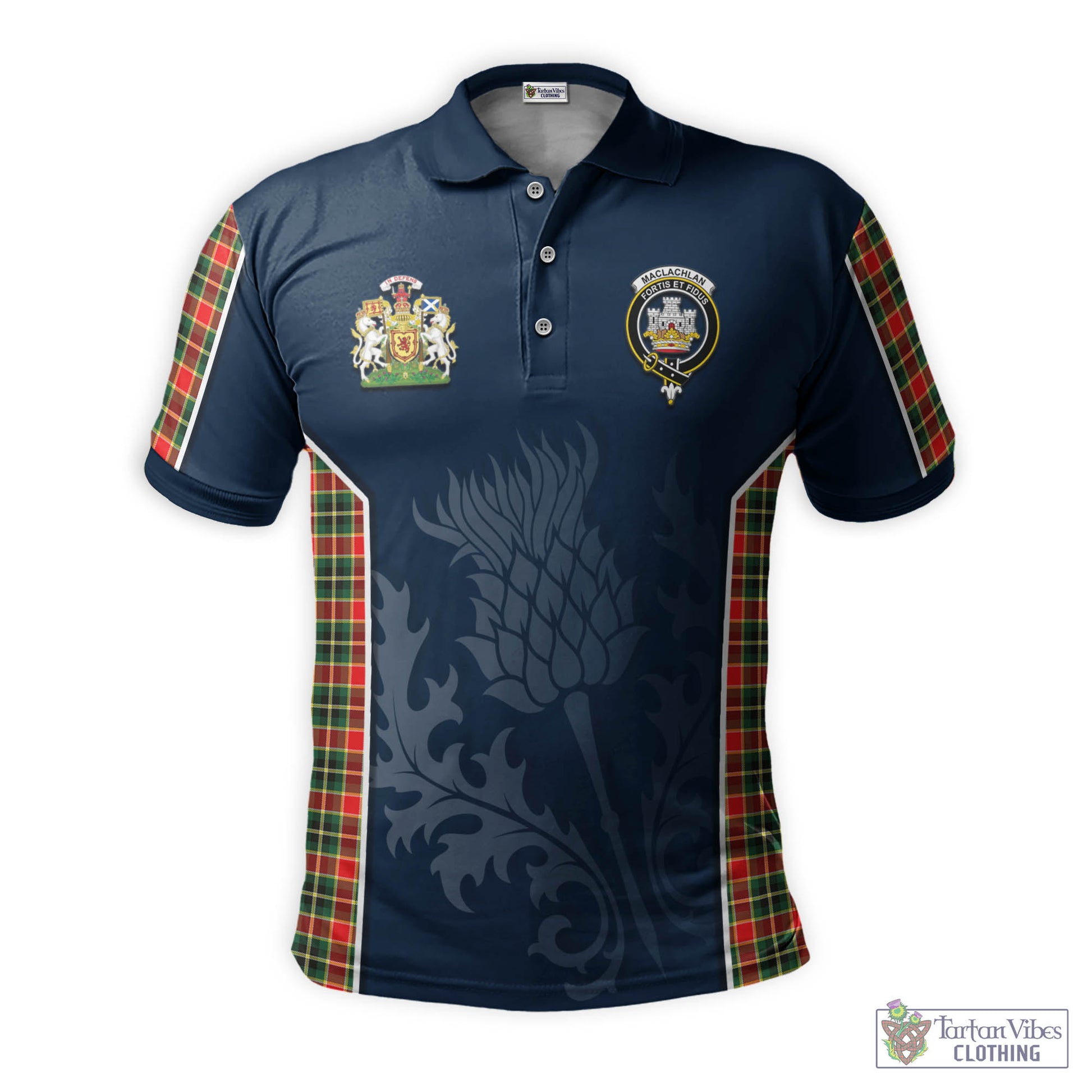 Tartan Vibes Clothing MacLachlan Hunting Modern Tartan Men's Polo Shirt with Family Crest and Scottish Thistle Vibes Sport Style