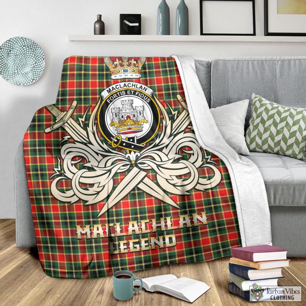 Tartan Vibes Clothing MacLachlan Hunting Modern Tartan Blanket with Clan Crest and the Golden Sword of Courageous Legacy