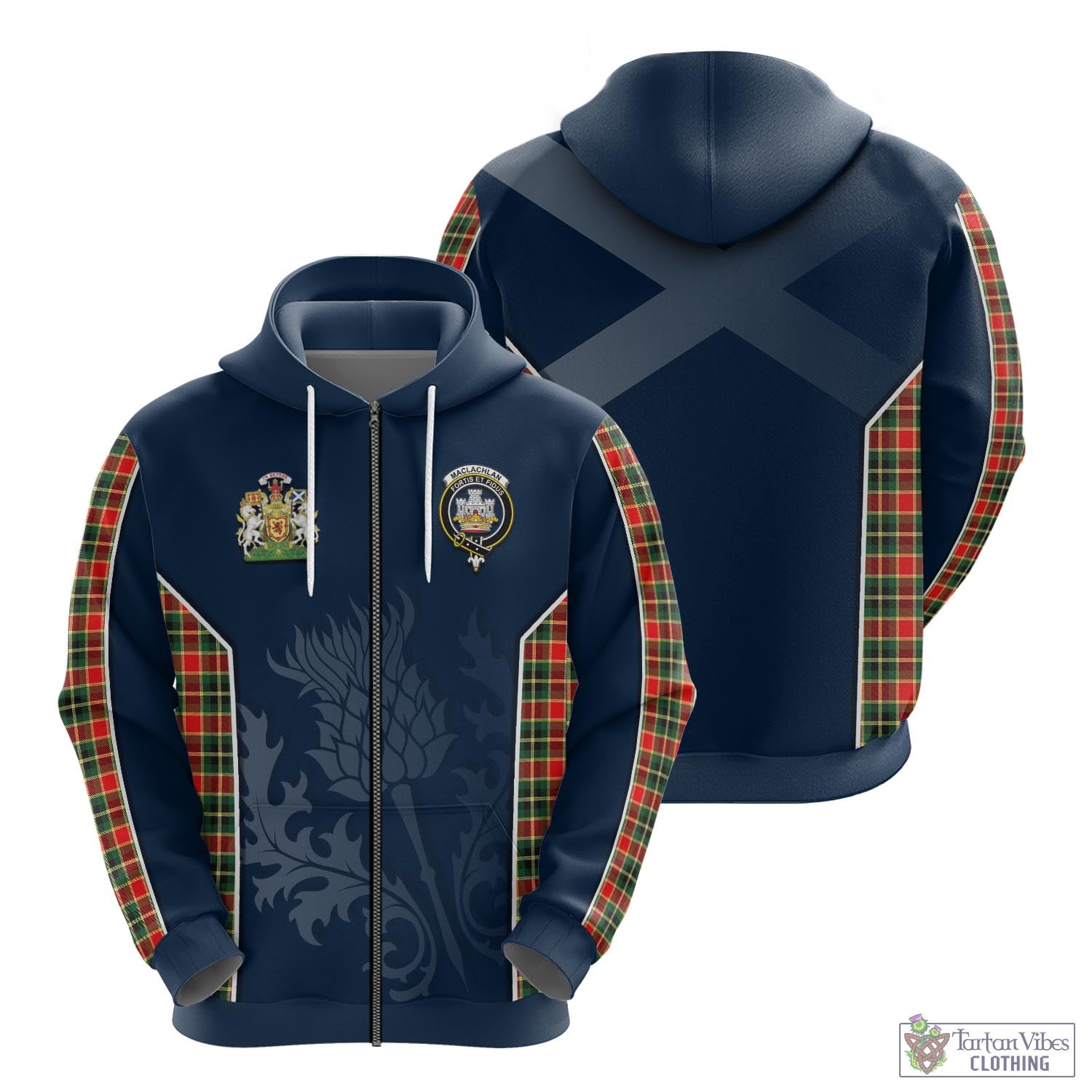 Tartan Vibes Clothing MacLachlan Hunting Modern Tartan Hoodie with Family Crest and Scottish Thistle Vibes Sport Style