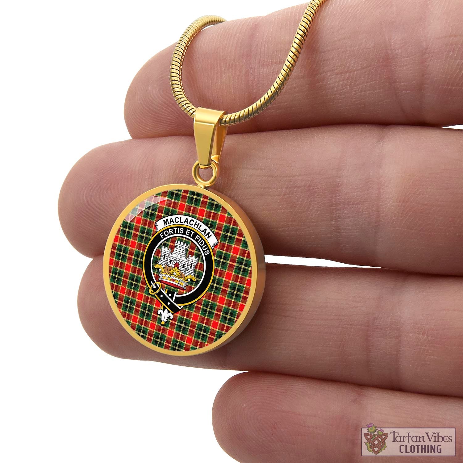 Tartan Vibes Clothing MacLachlan Hunting Modern Tartan Circle Necklace with Family Crest