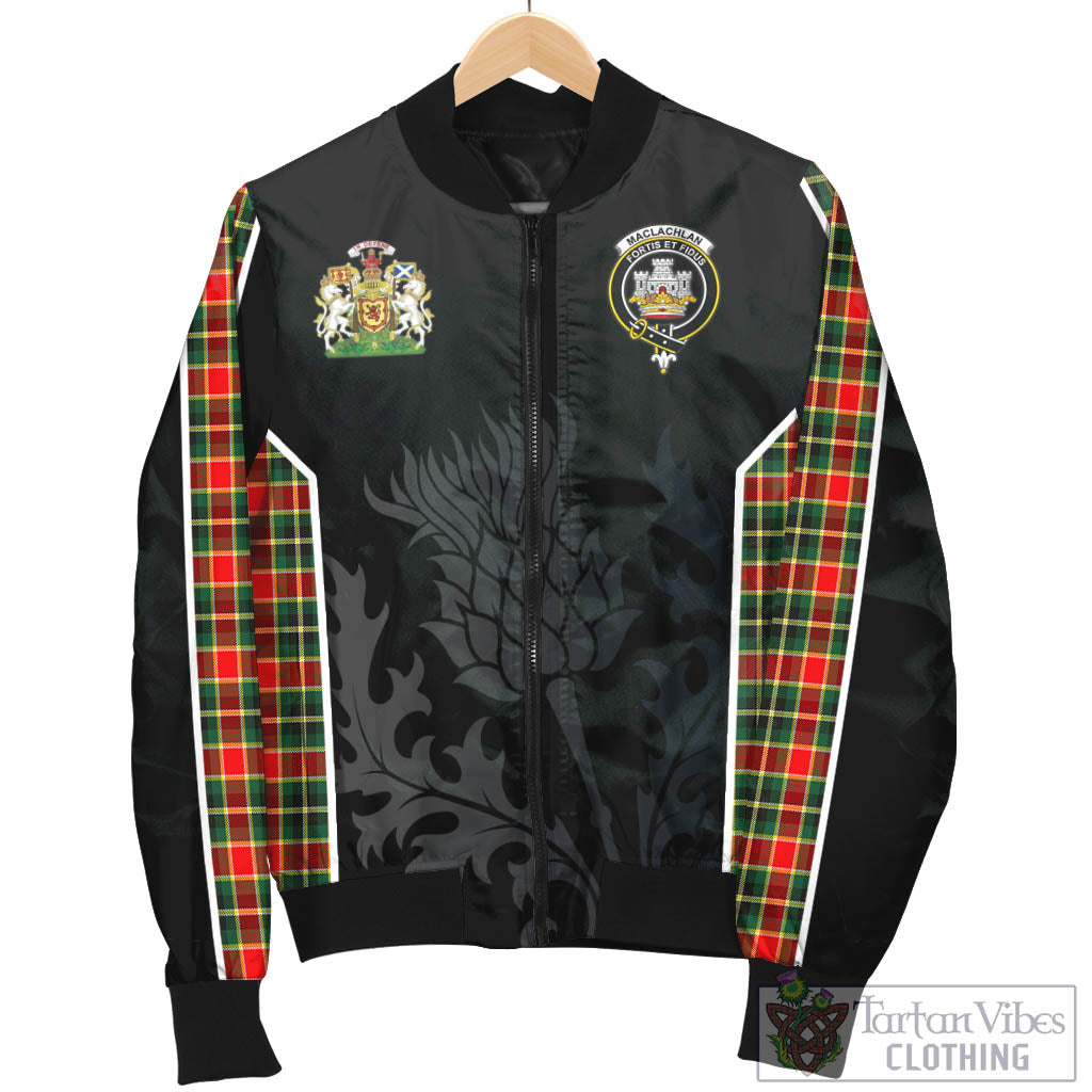 Tartan Vibes Clothing MacLachlan Hunting Modern Tartan Bomber Jacket with Family Crest and Scottish Thistle Vibes Sport Style