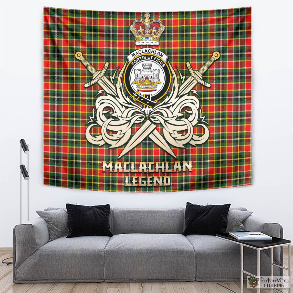 Tartan Vibes Clothing MacLachlan Hunting Modern Tartan Tapestry with Clan Crest and the Golden Sword of Courageous Legacy