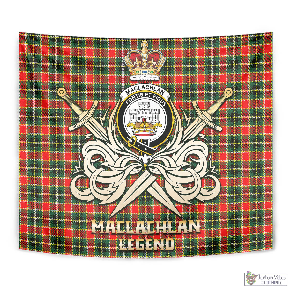 Tartan Vibes Clothing MacLachlan Hunting Modern Tartan Tapestry with Clan Crest and the Golden Sword of Courageous Legacy