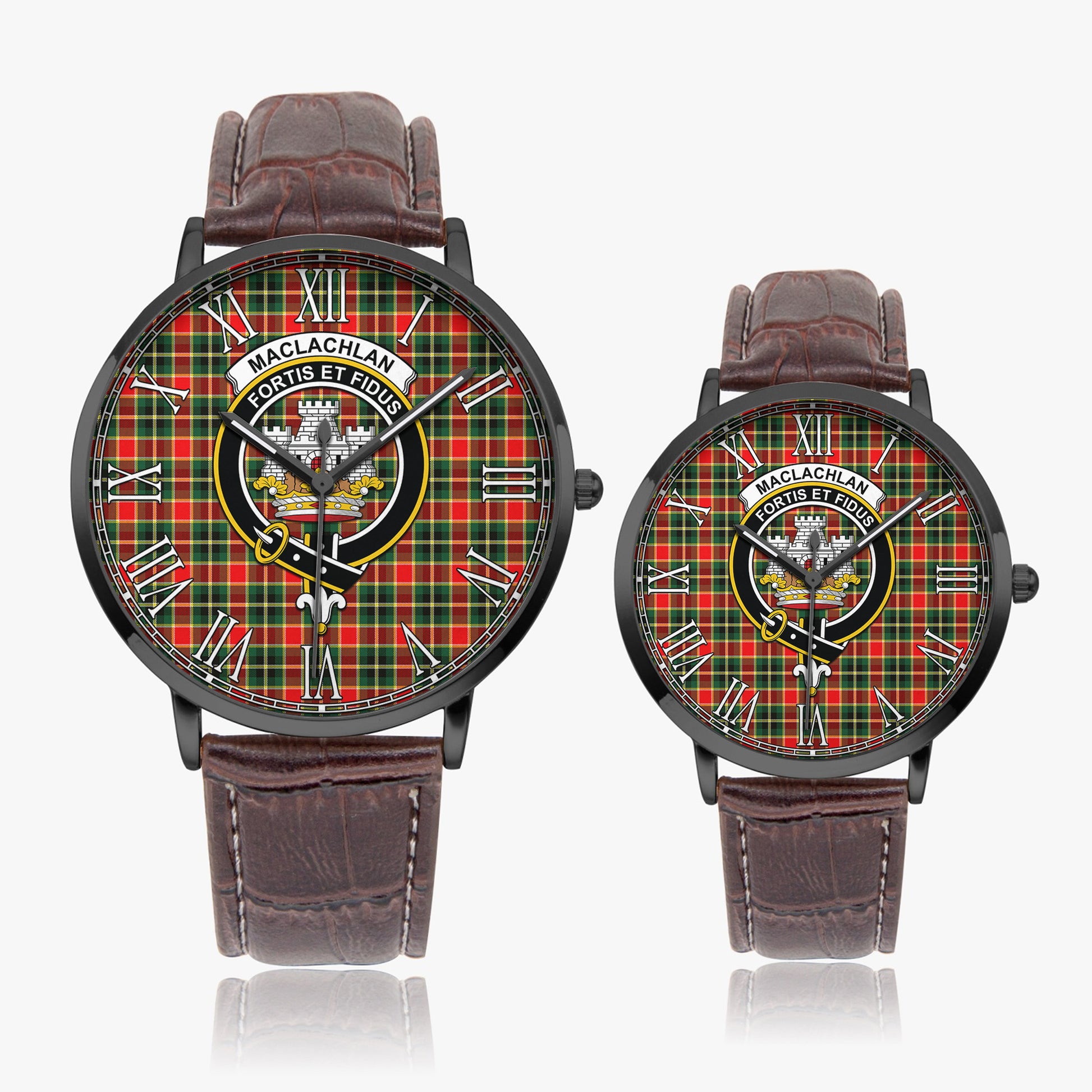 MacLachlan Hunting Modern Tartan Family Crest Leather Strap Quartz Watch - Tartanvibesclothing