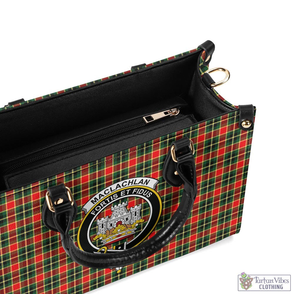 Tartan Vibes Clothing MacLachlan Hunting Modern Tartan Luxury Leather Handbags with Family Crest