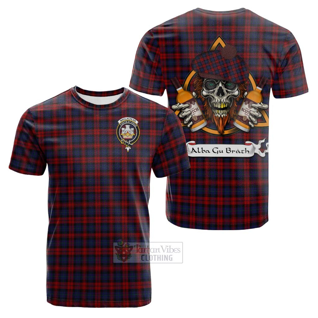 Tartan Vibes Clothing MacLachlan (McLachlan) Tartan Cotton T-shirt with Family Crest and Bearded Skull Holding Bottles of Whiskey