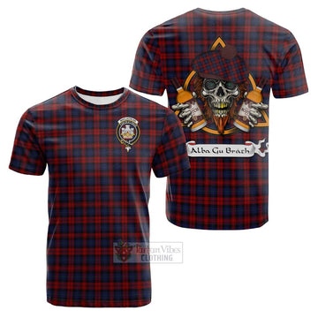 MacLachlan (McLachlan) Tartan Cotton T-shirt with Family Crest and Bearded Skull Holding Bottles of Whiskey