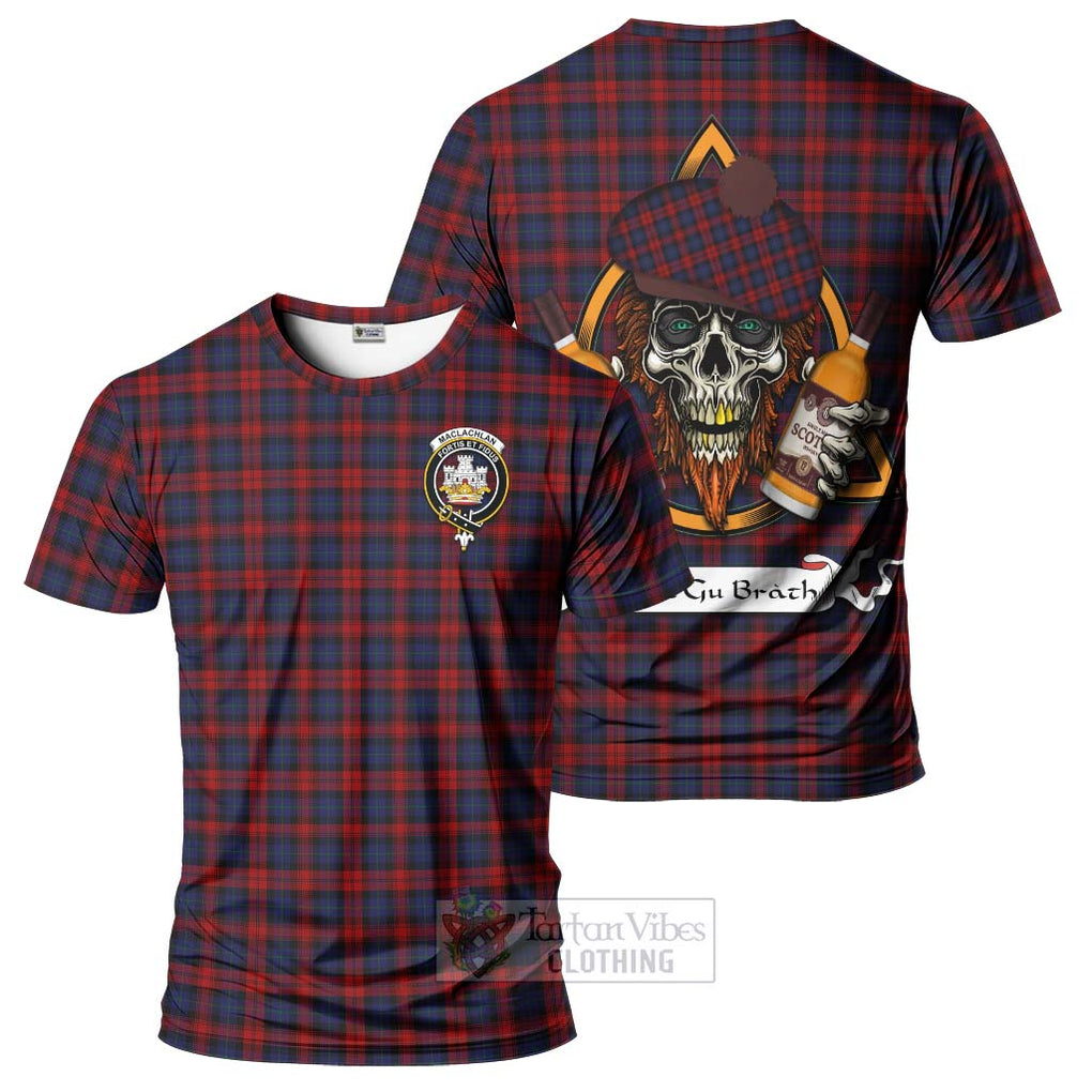 Tartan Vibes Clothing MacLachlan (McLachlan) Tartan T-Shirt with Family Crest and Bearded Skull Holding Bottles of Whiskey