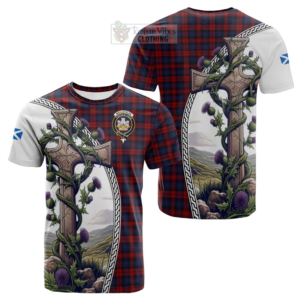 Tartan Vibes Clothing MacLachlan (McLachlan) Tartan Cotton T-shirt with Family Crest and St. Andrew's Cross Accented by Thistle Vines